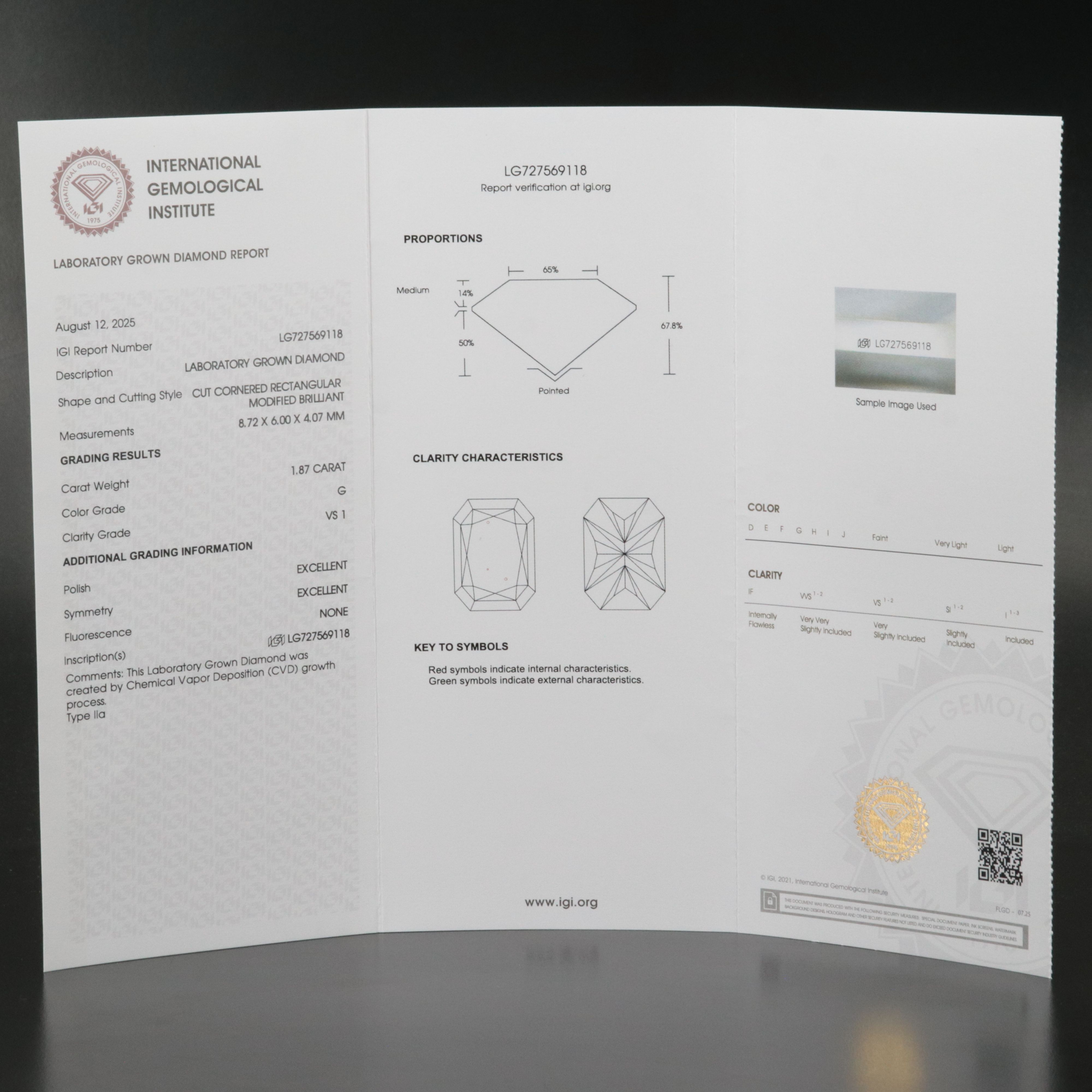 Loose 1.87 CT Lab Grown Diamond with IGI Report