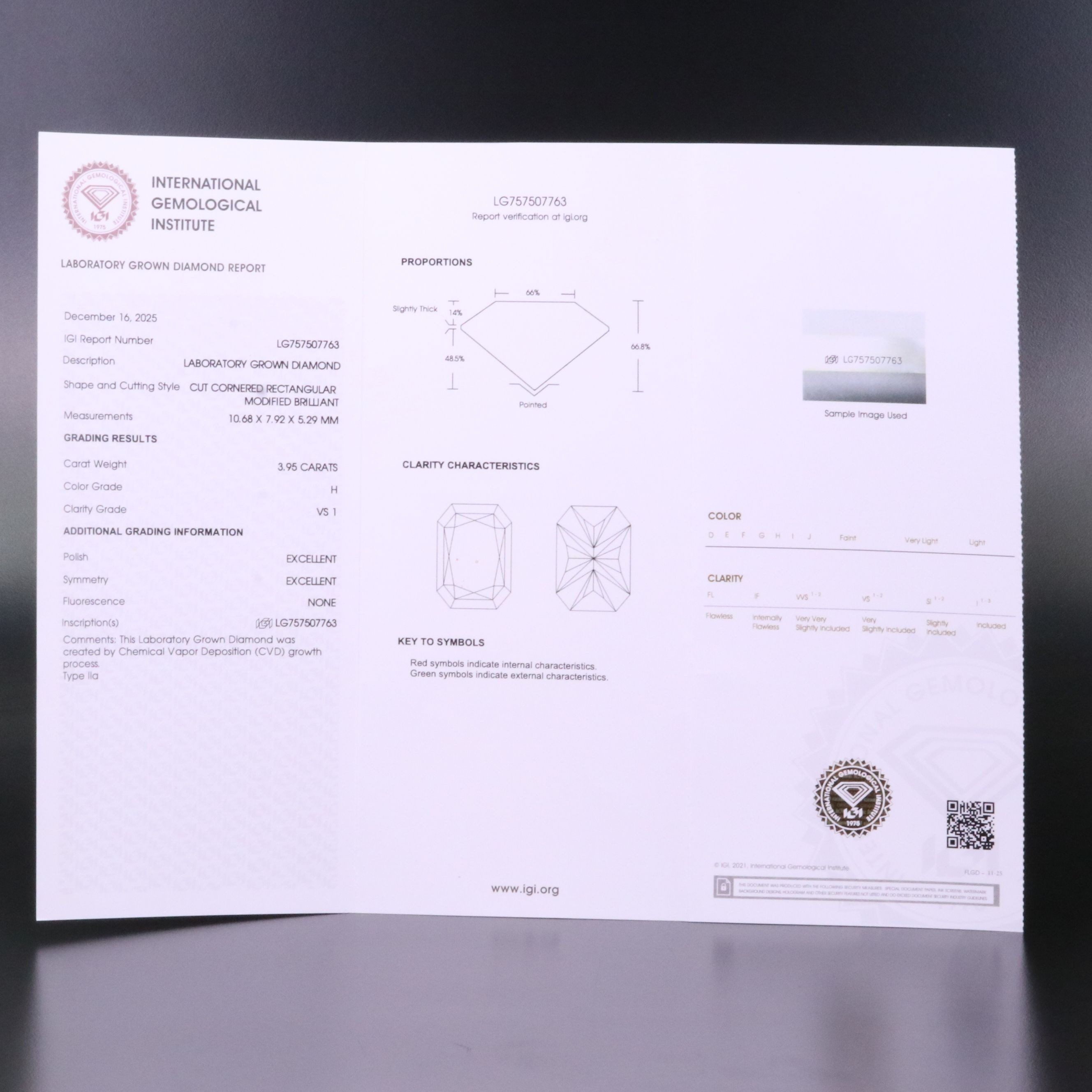 Loose 3.95 CT Lab Grown Diamond with IGI Report