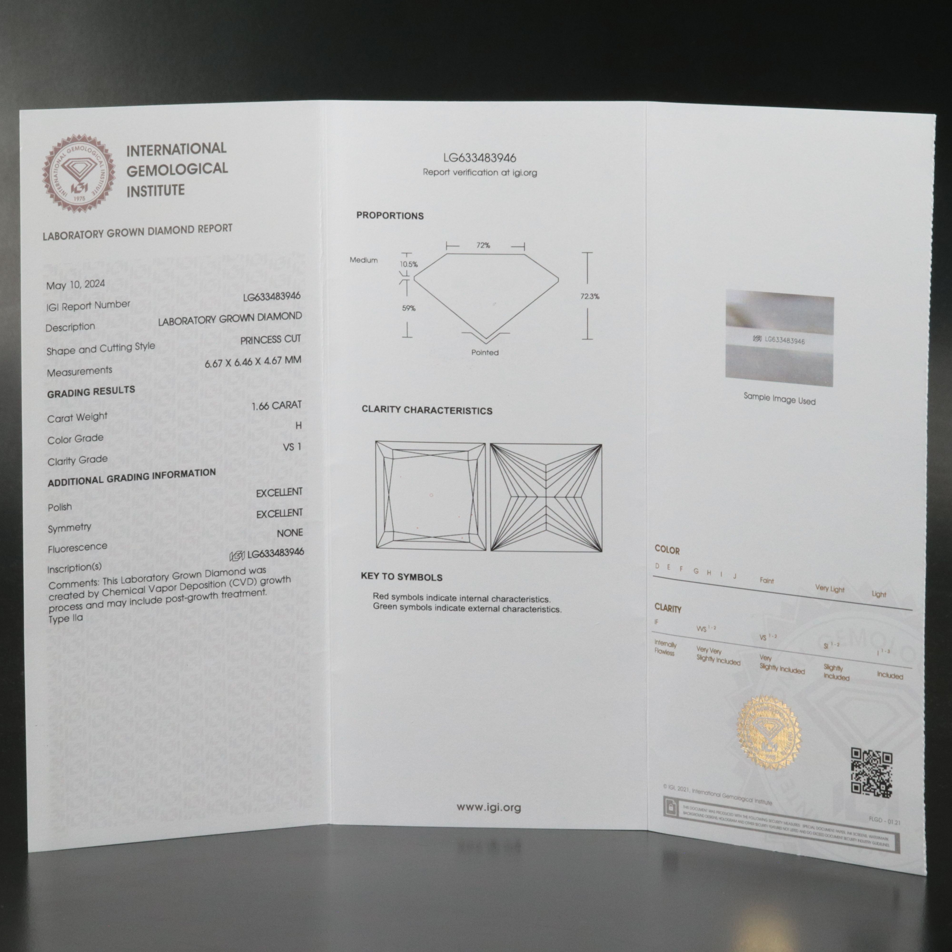 Loose 1.66 CT Lab Grown Diamond with IGI Report