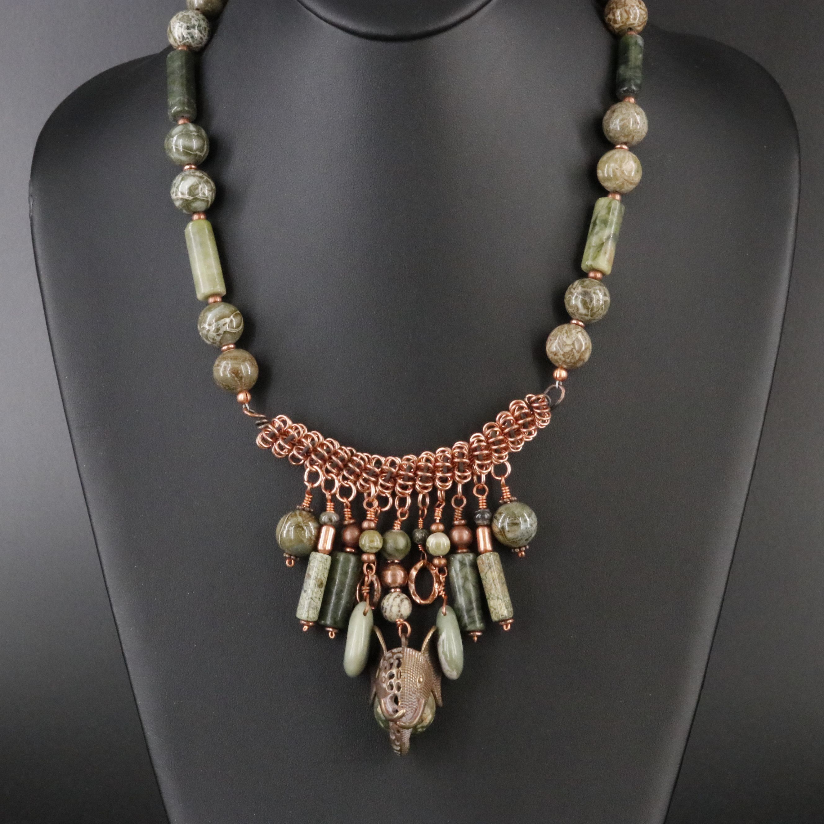 Serpentine Brass Lucky Elephant with Copper Wire Necklace