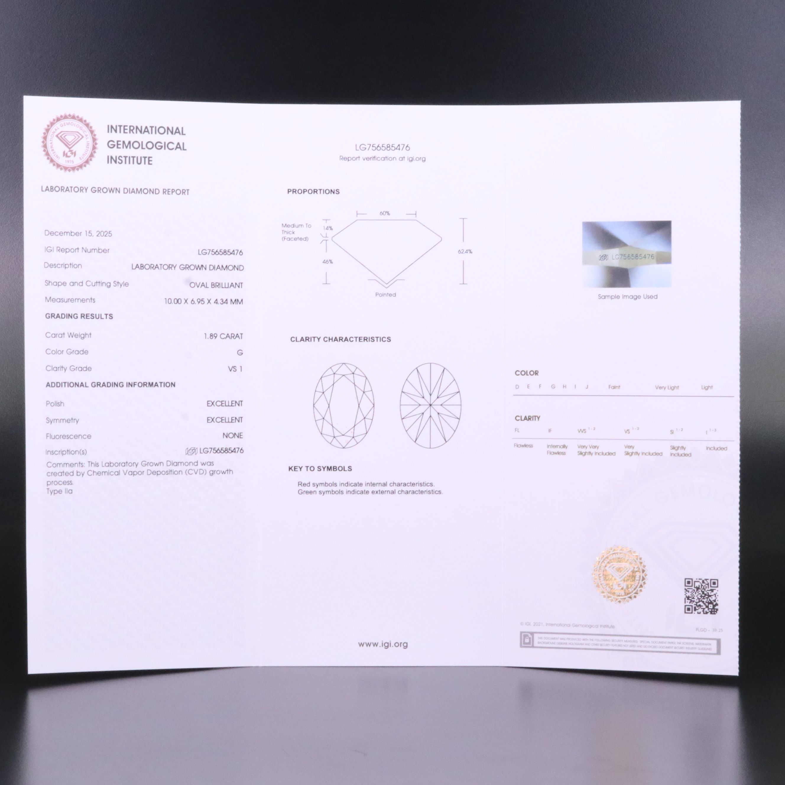 Loose 1.89 CT Lab Grown Diamond with IGI Report