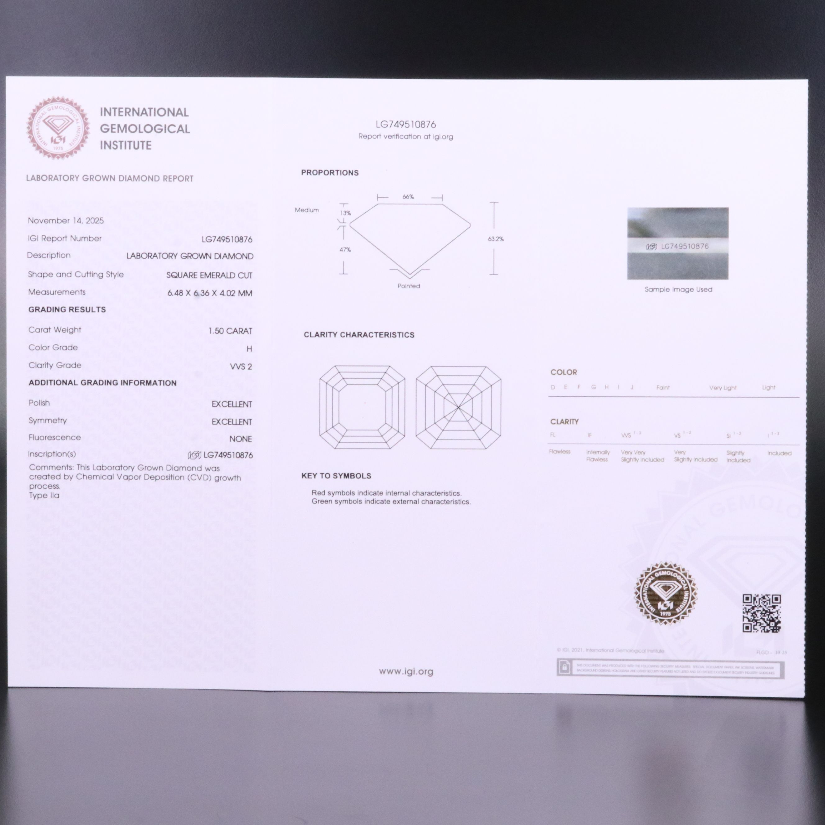Loose 1.50 CT Lab Grown Diamond with IGI Report