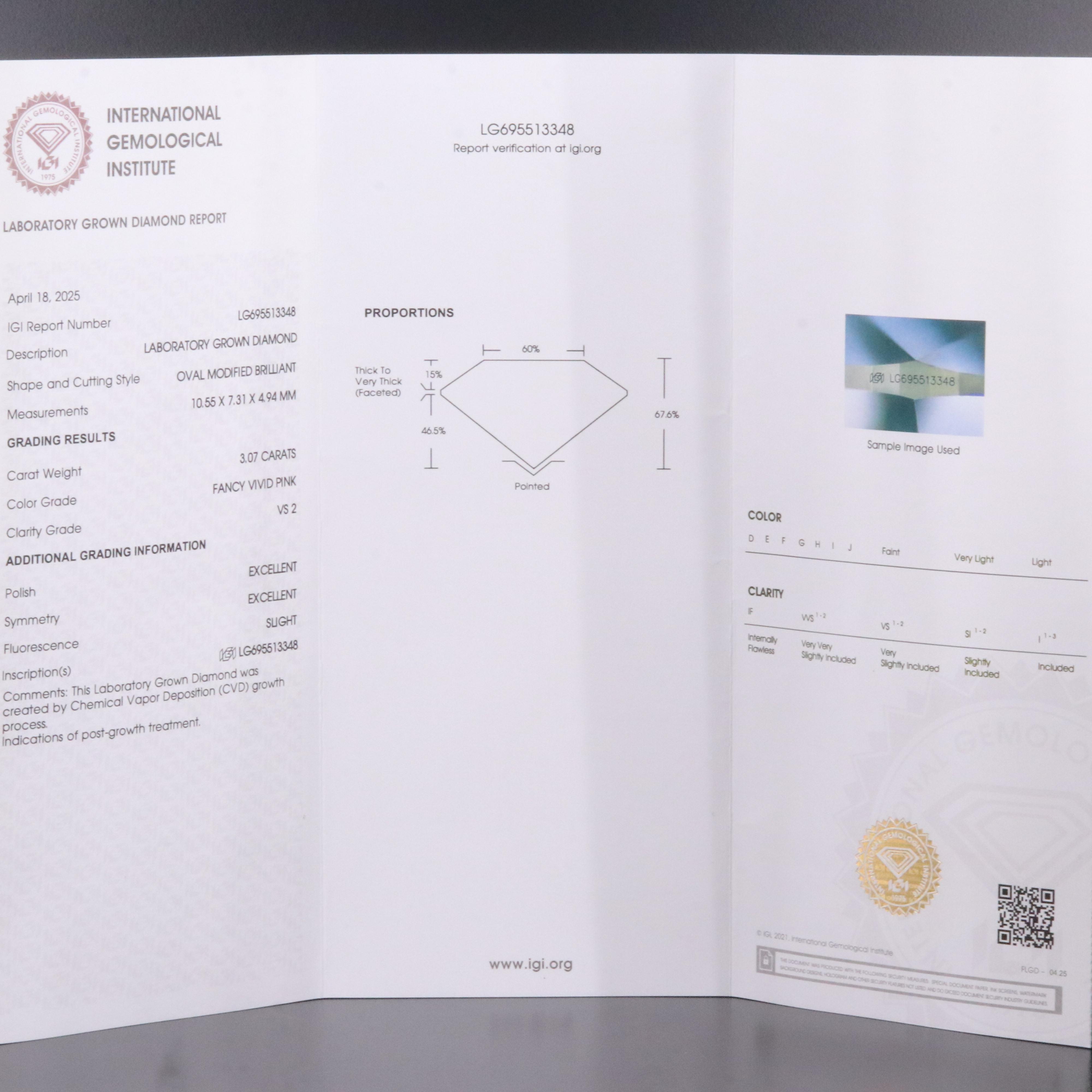 18K 3.34 CTW Lab Grown Diamond Ring with Fancy Vivid Pink Center and IGI Report