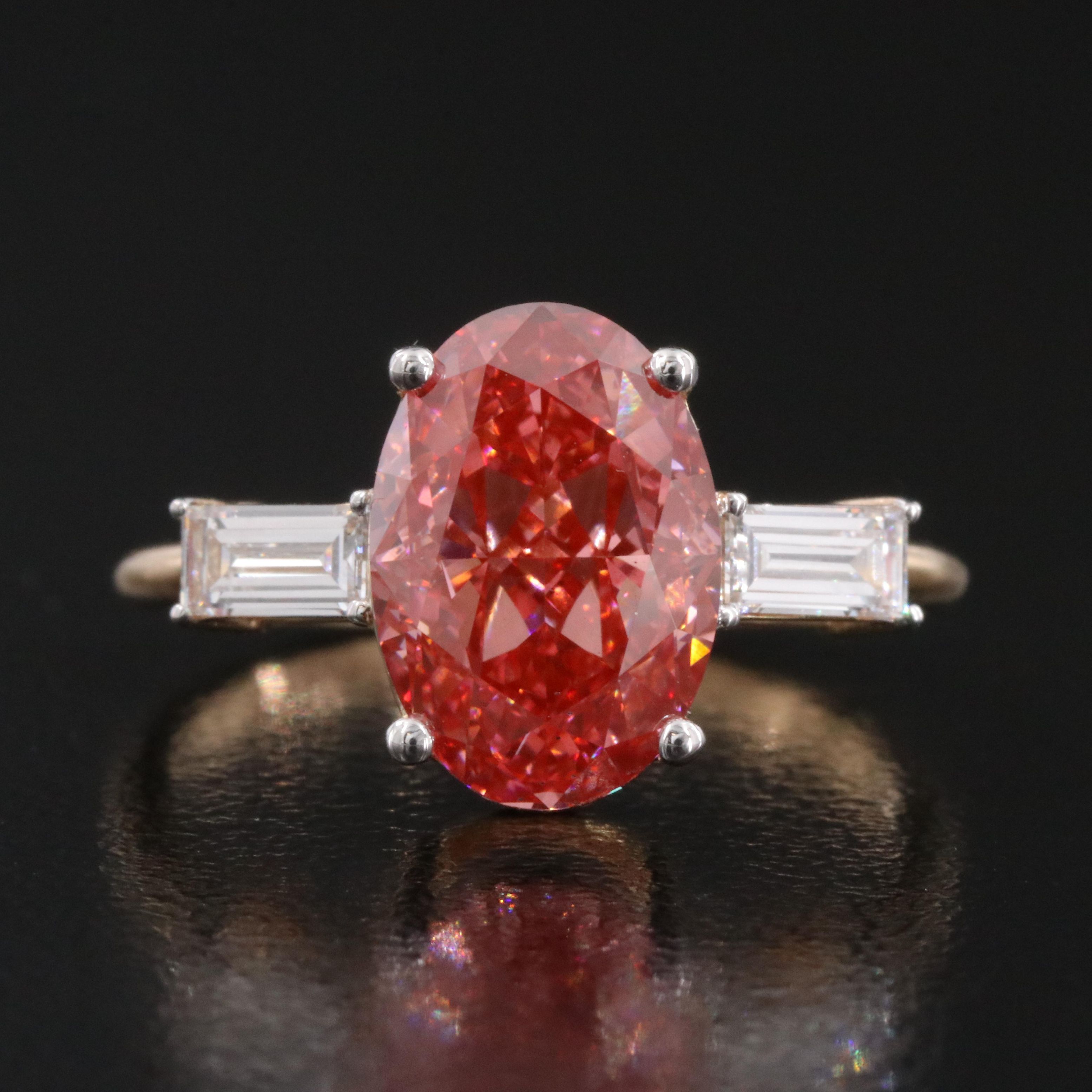 18K 3.34 CTW Lab Grown Diamond Ring with Fancy Vivid Pink Center and IGI Report
