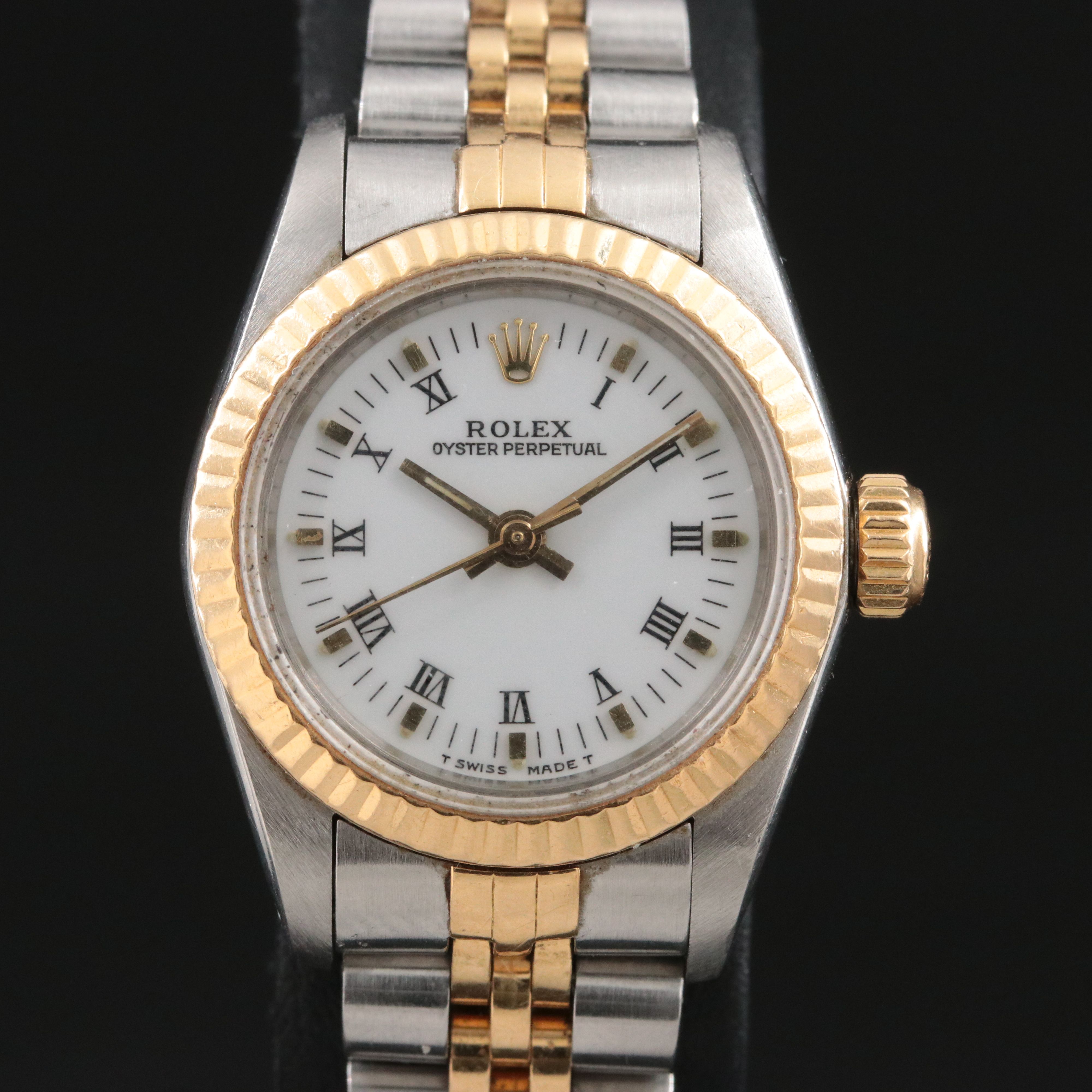 1990 Rolex Oyster Perpetual White Roman Dial 24mm Two Tone Watch