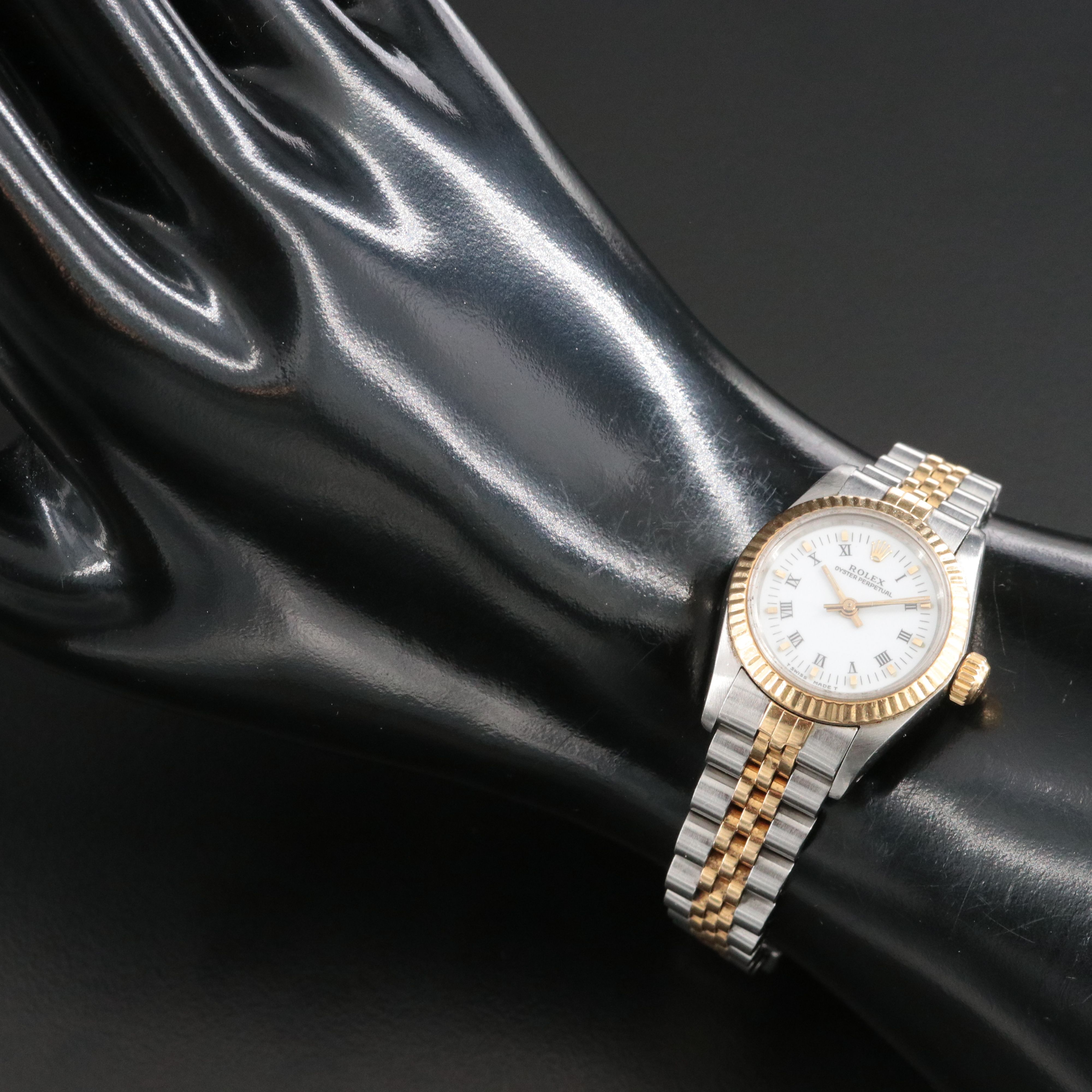 1990 Rolex Oyster Perpetual White Roman Dial 24mm Two Tone Watch