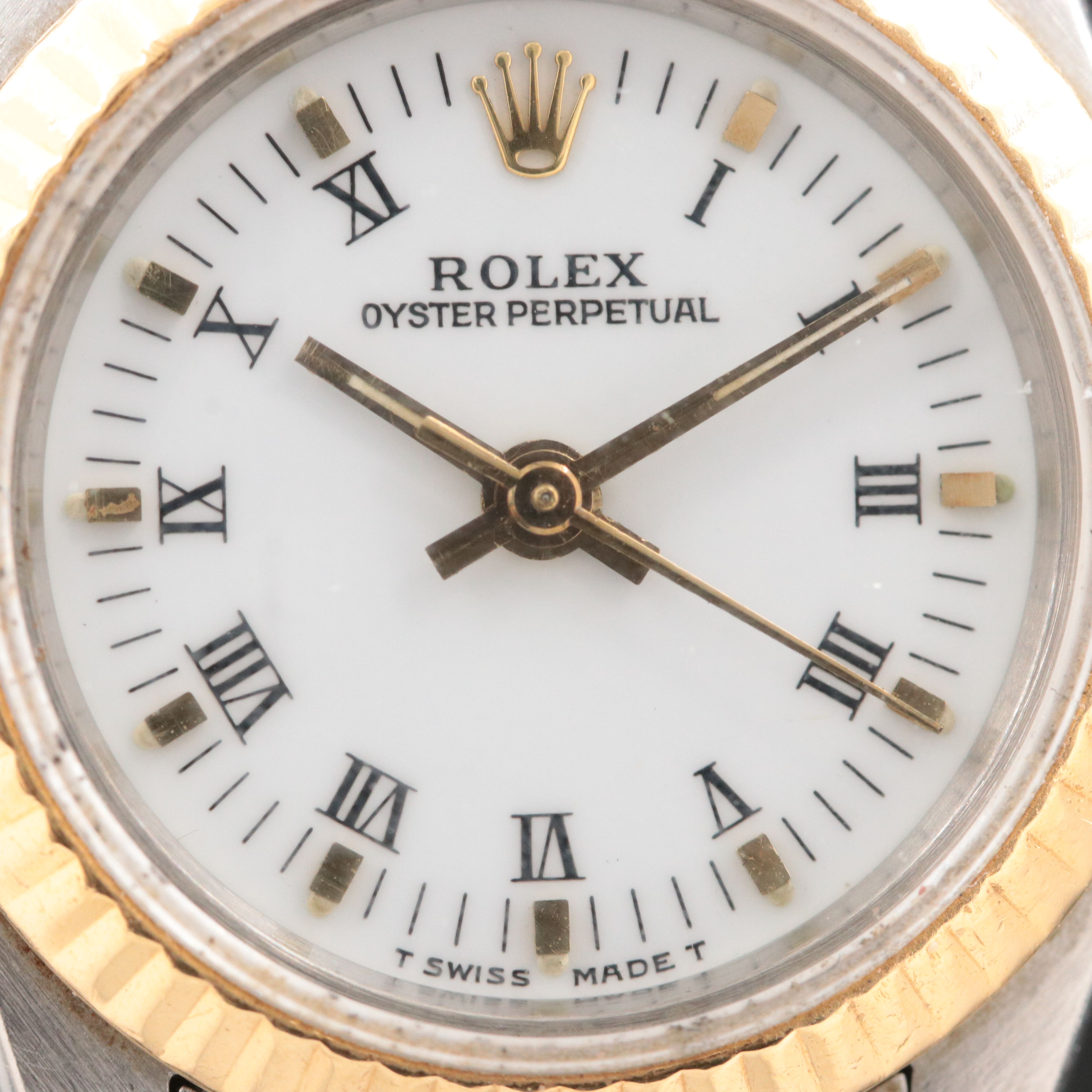 1990 Rolex Oyster Perpetual White Roman Dial 24mm Two Tone Watch