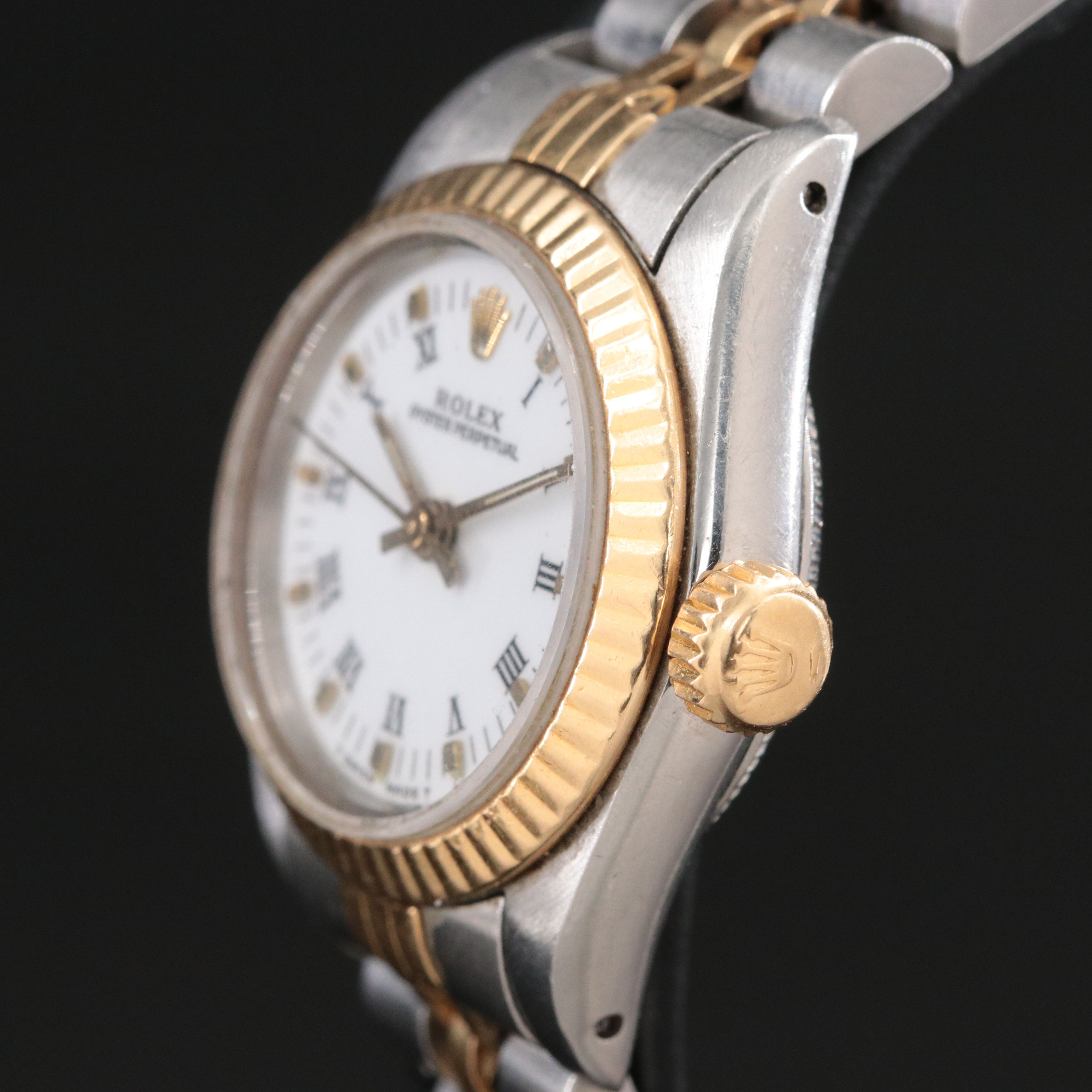 1990 Rolex Oyster Perpetual White Roman Dial 24mm Two Tone Watch