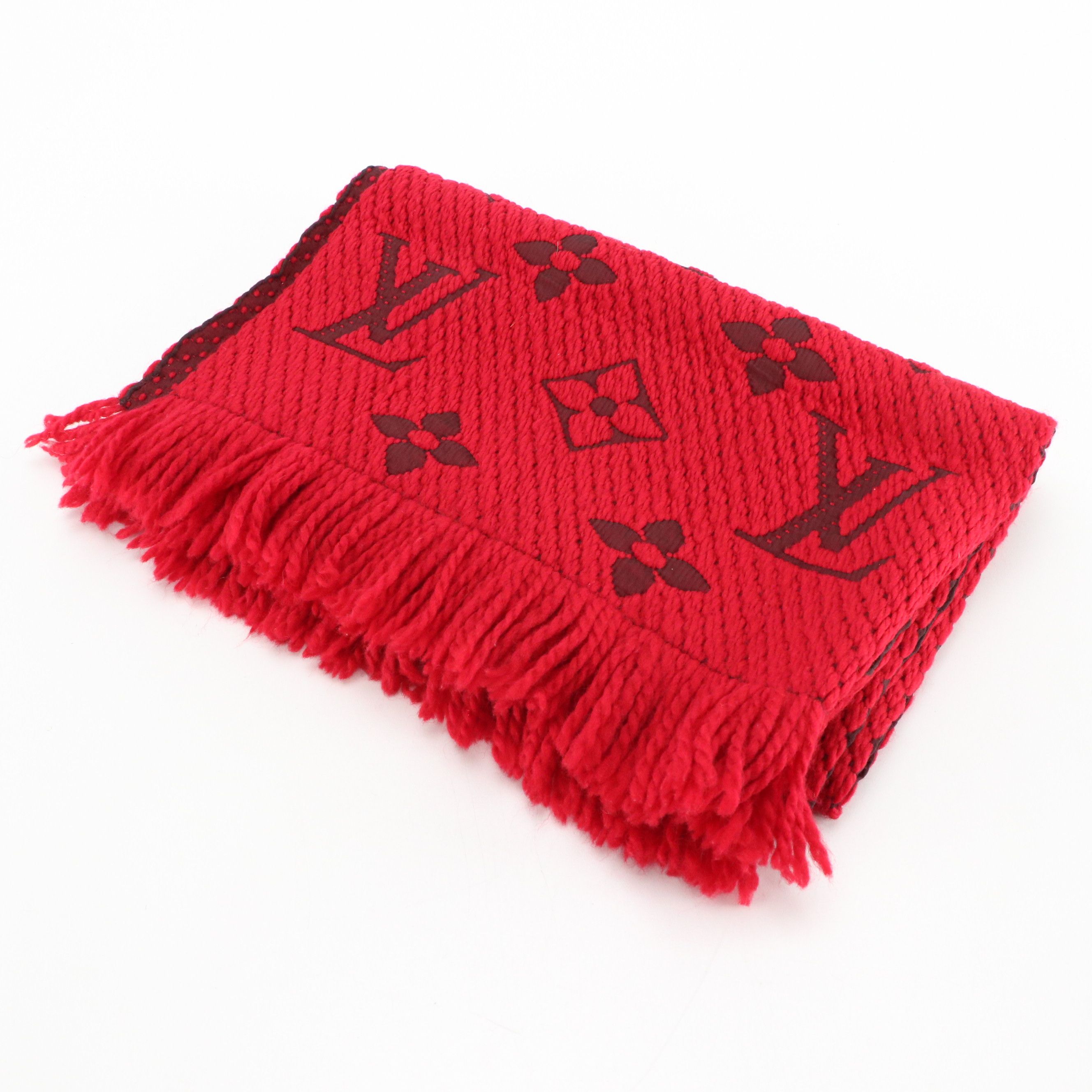 Louis Vuitton Logomania Fringe Scarf in Red Wool/Silk Jacquard Blend
