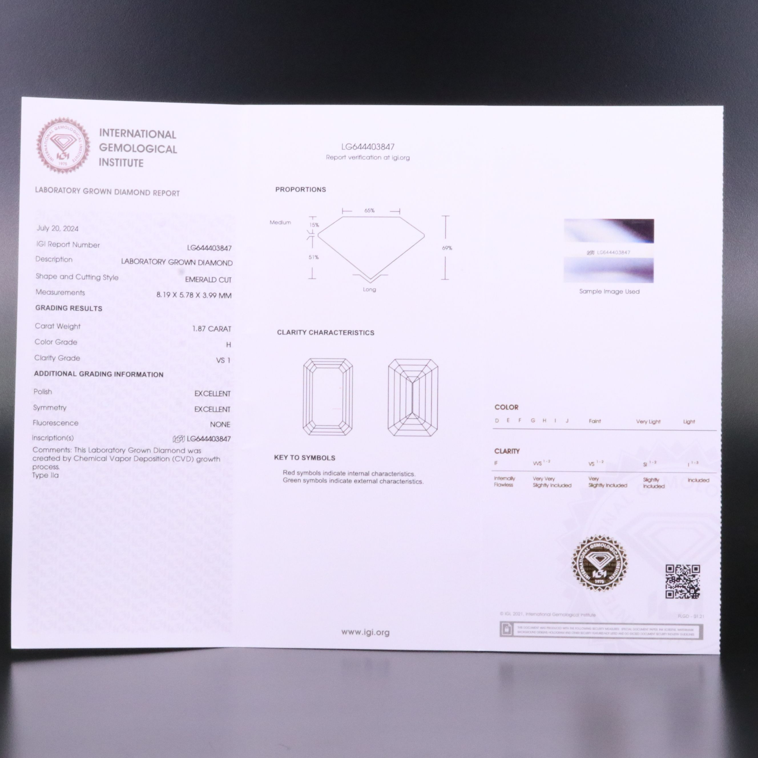 Loose 1.87 CT Lab Grown Diamond with IGI Report