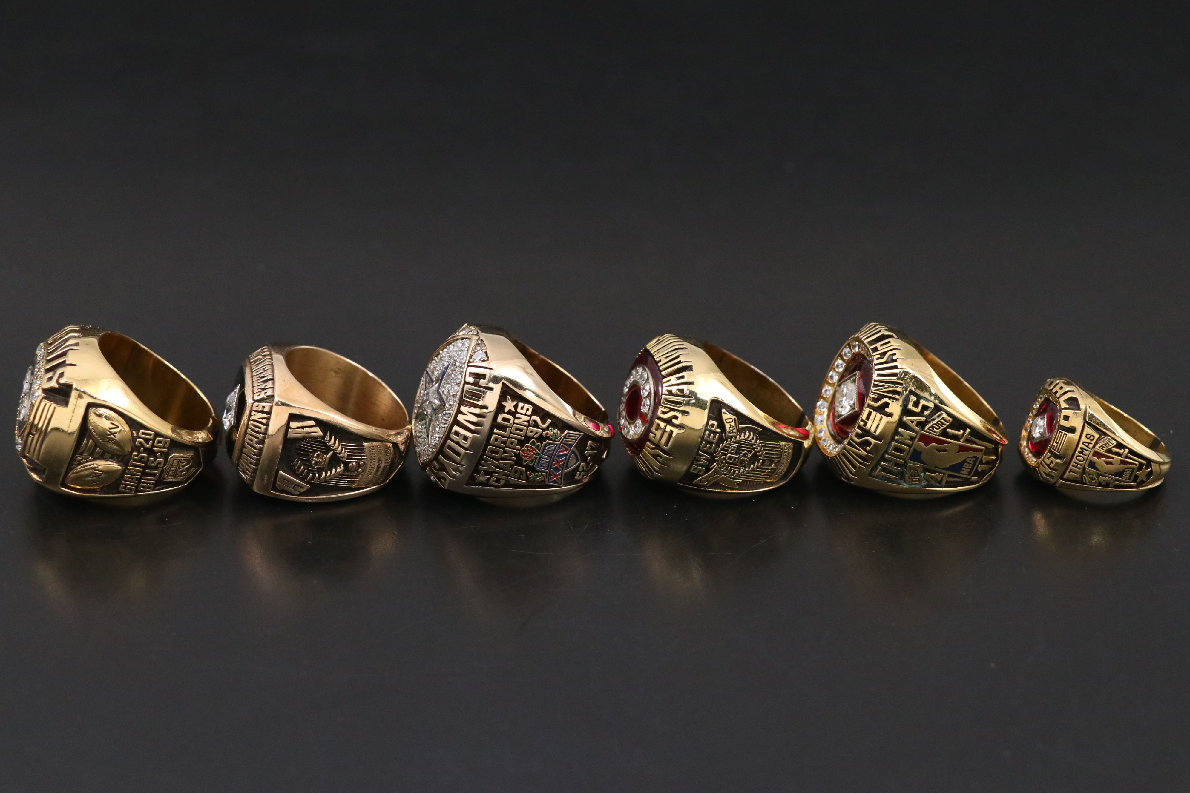 Replica Championship Rings with Sports Pins and Display