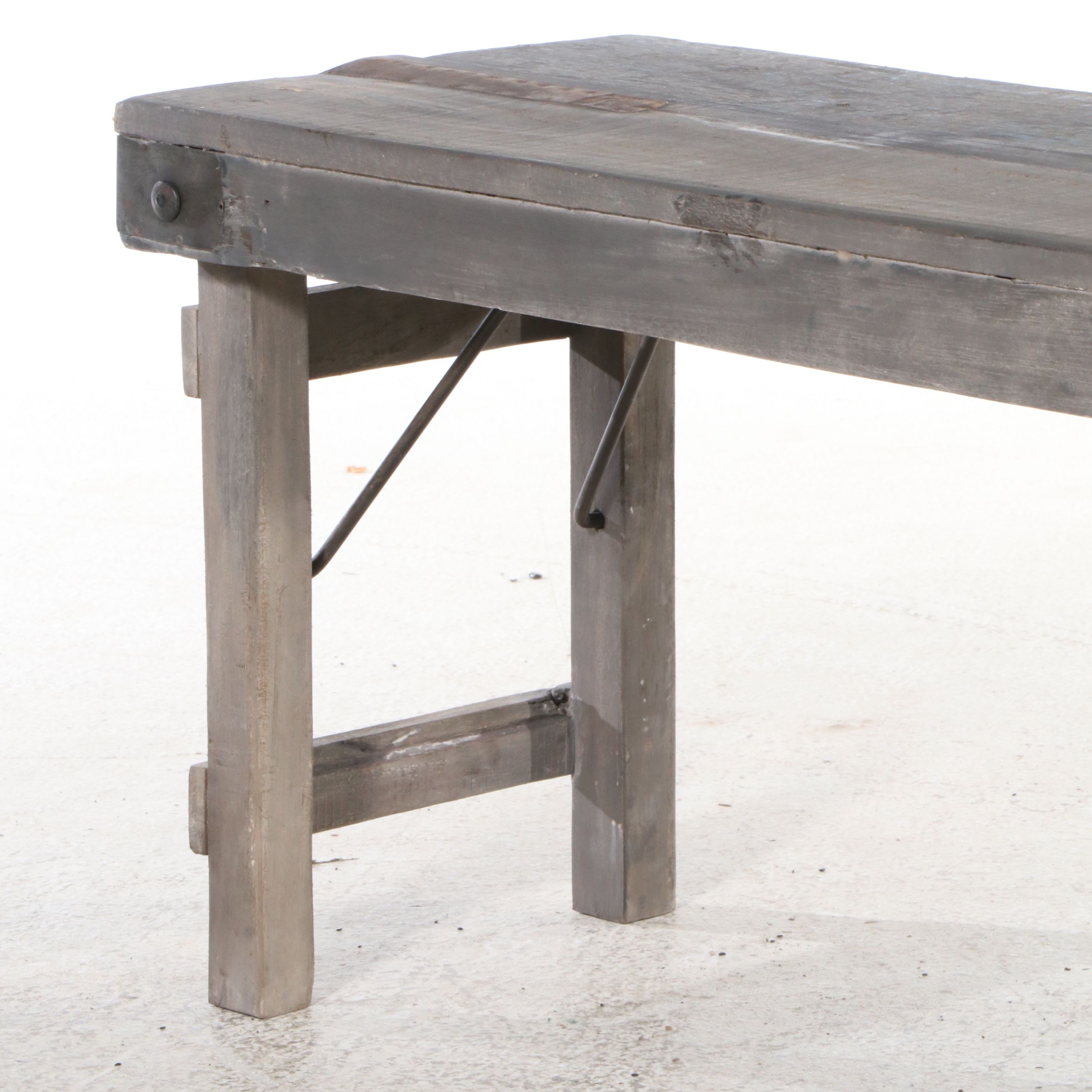 Industrial Wooden Folding Bench with Metal Patches