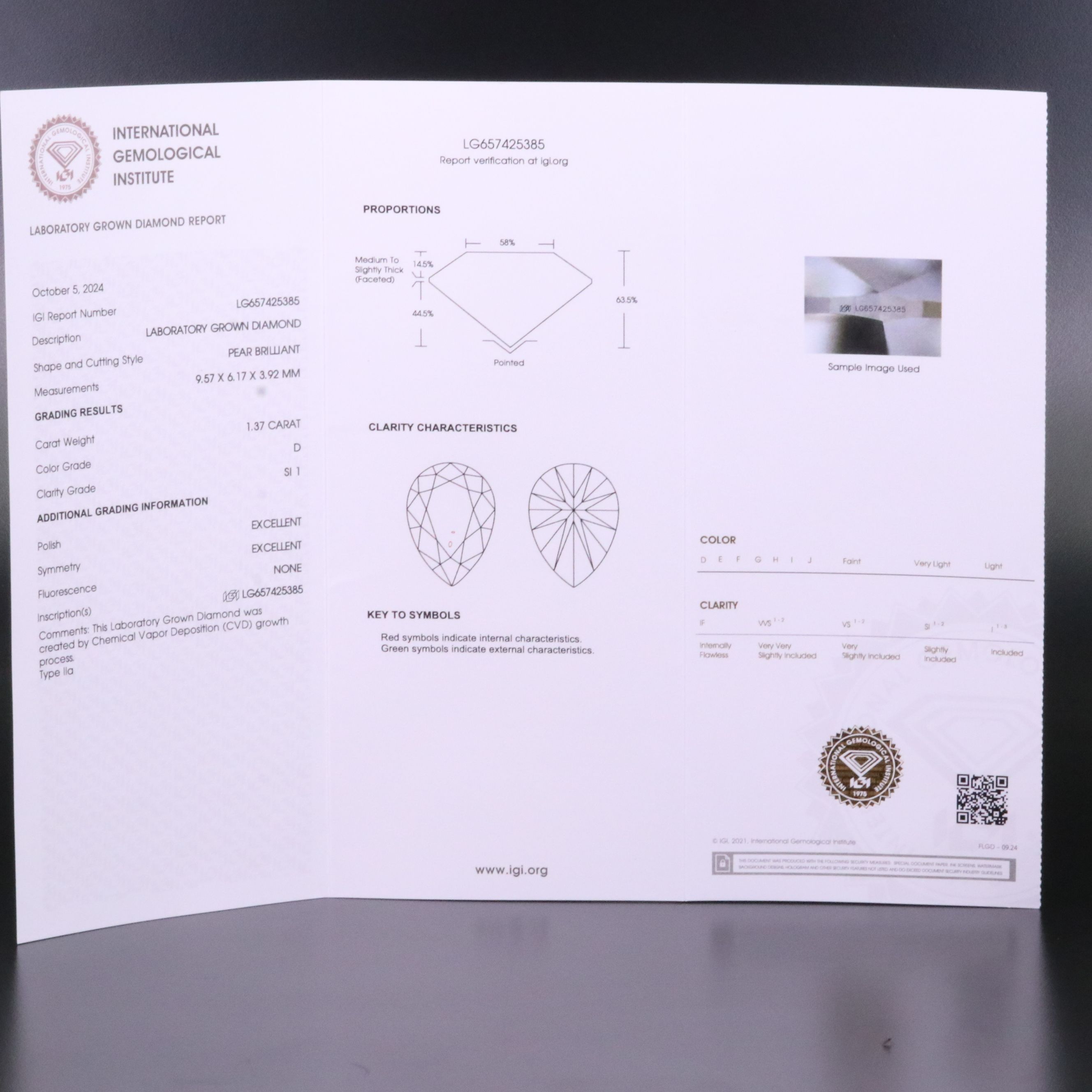 Loose 1.37 CT Lab Grown Diamond with IGI Report