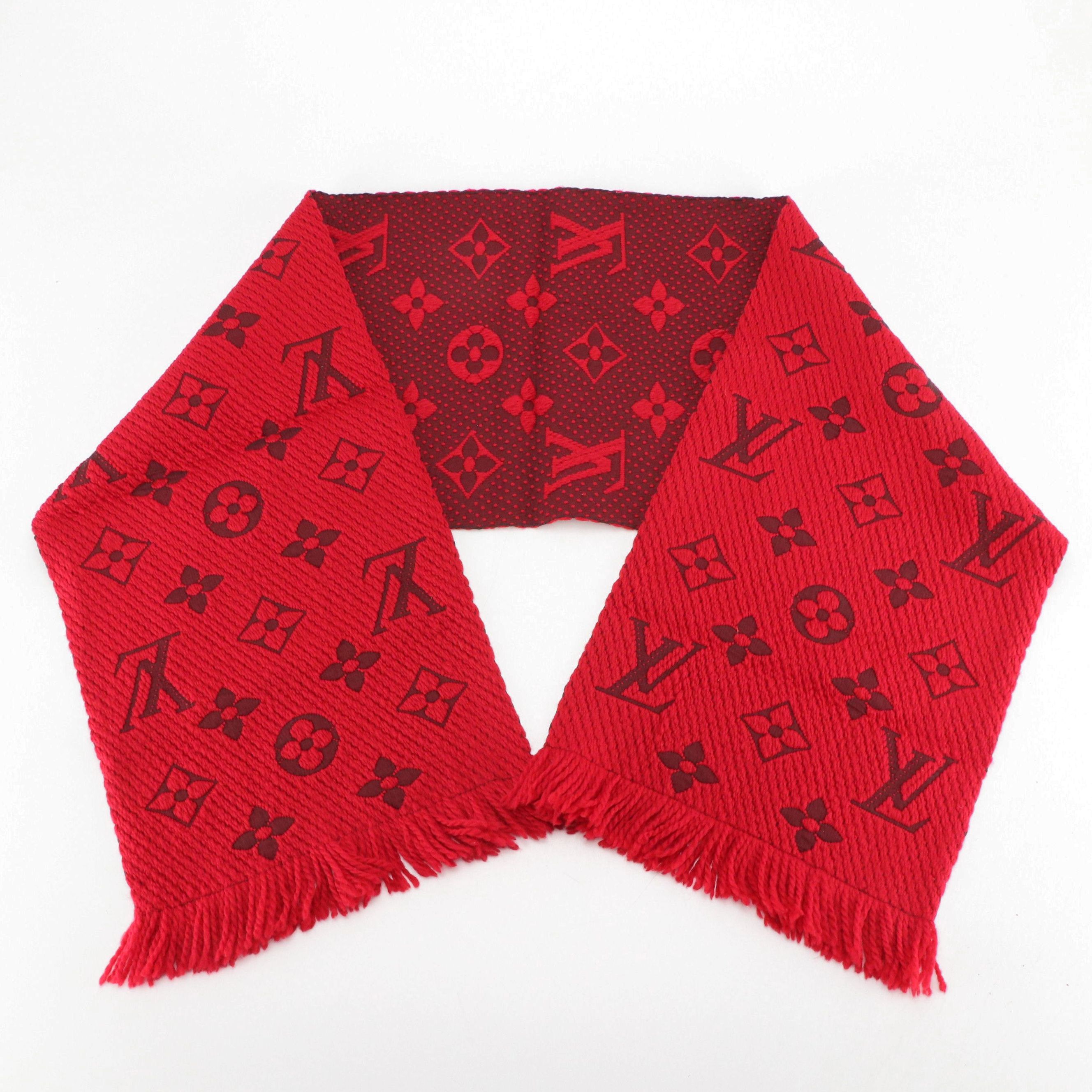 Louis Vuitton Logomania Fringe Scarf in Red Wool/Silk Jacquard Blend