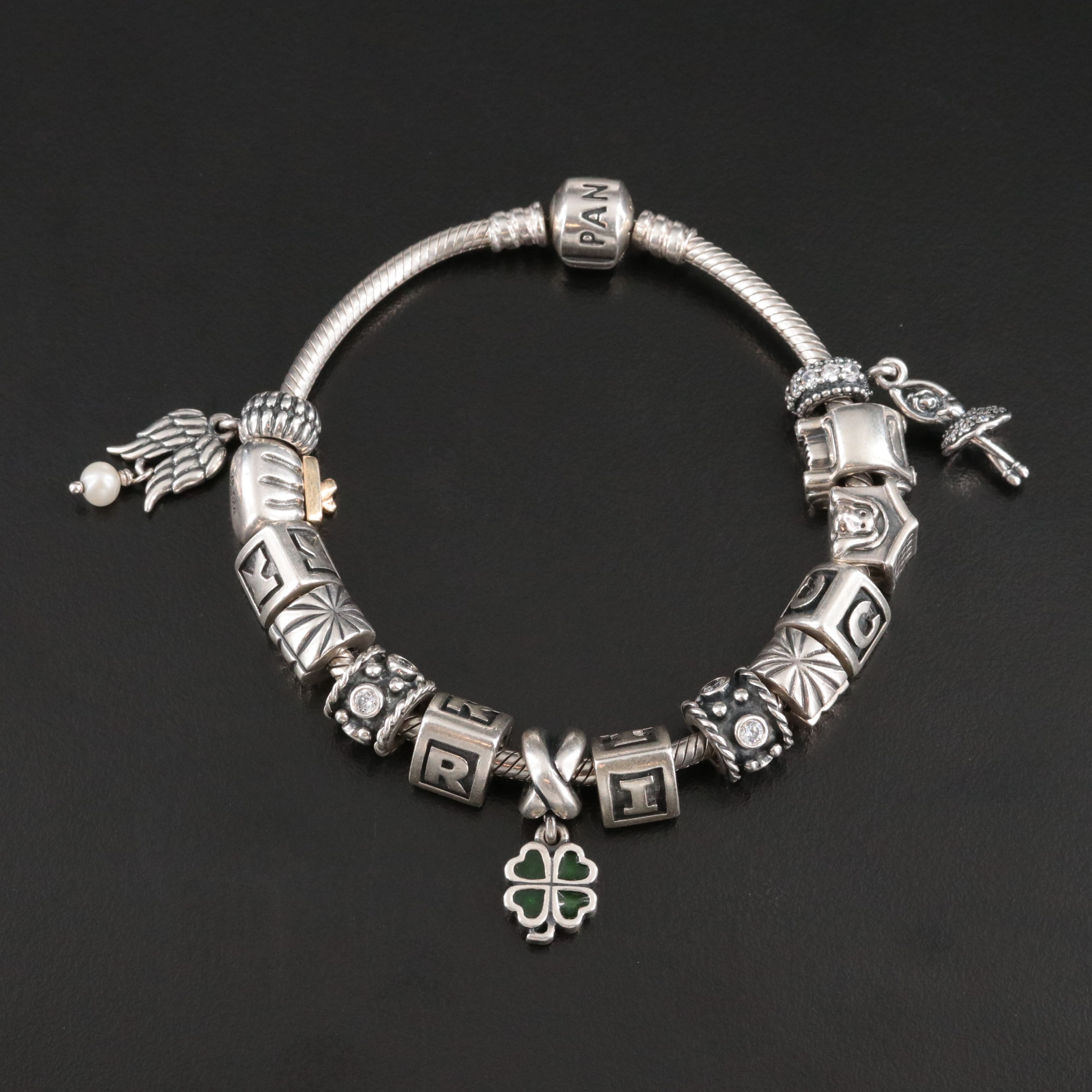 Pandora Sterling Pearl, CZ and Enamel Bracelet with Beads