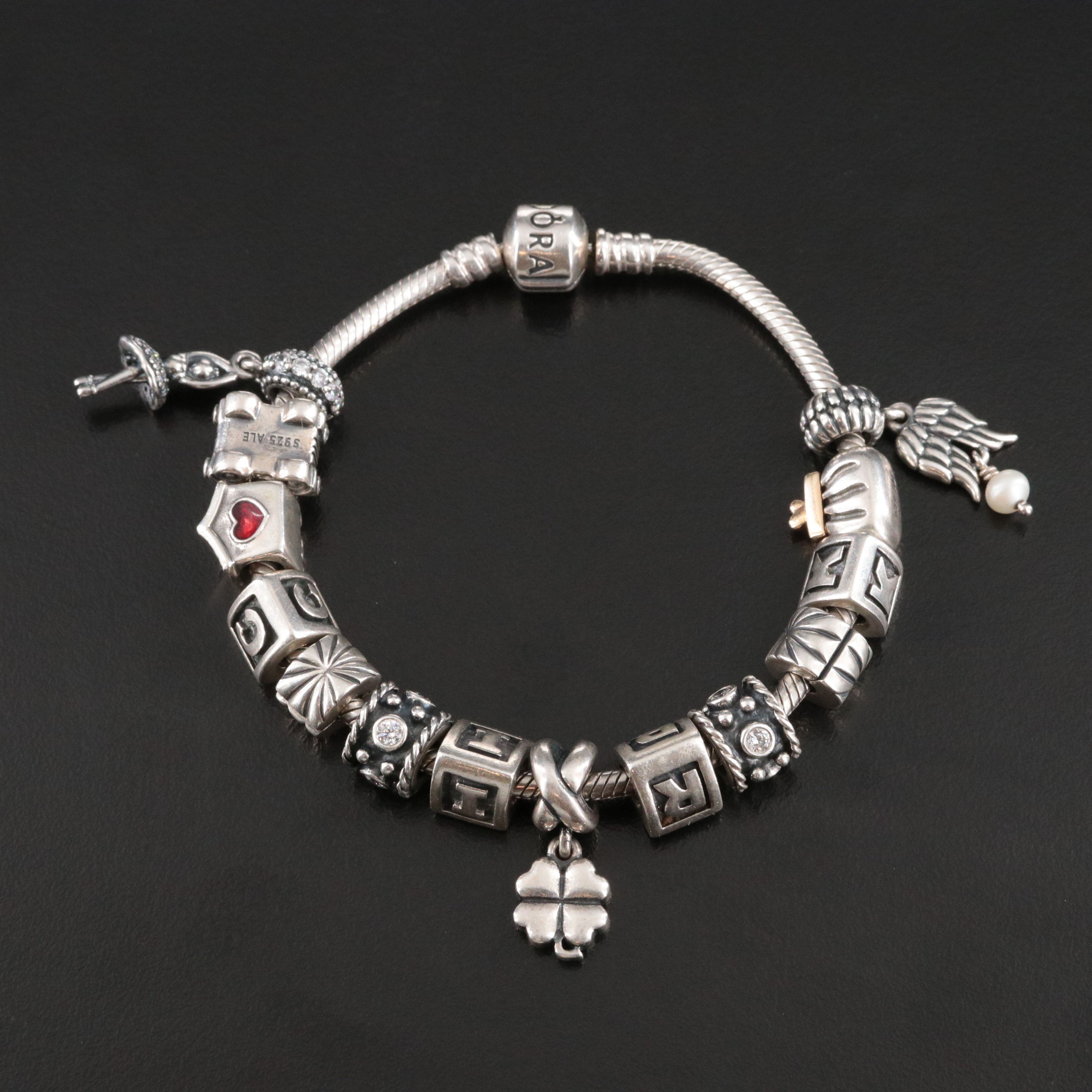 Pandora Sterling Pearl, CZ and Enamel Bracelet with Beads