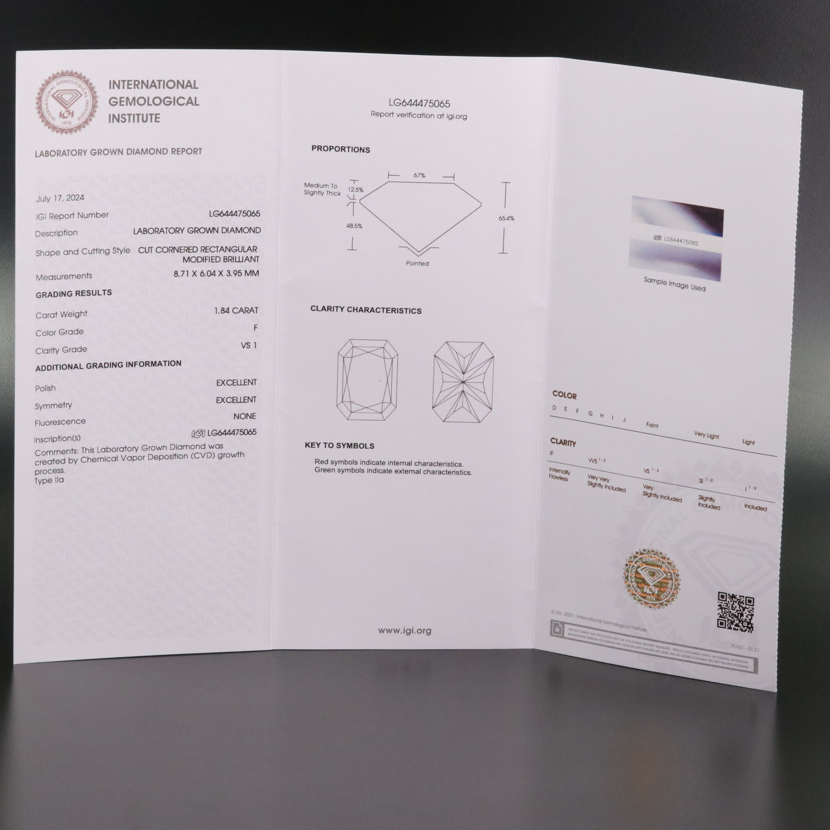 Loose 1.84 CT Lab Grown Diamond with IGI Report