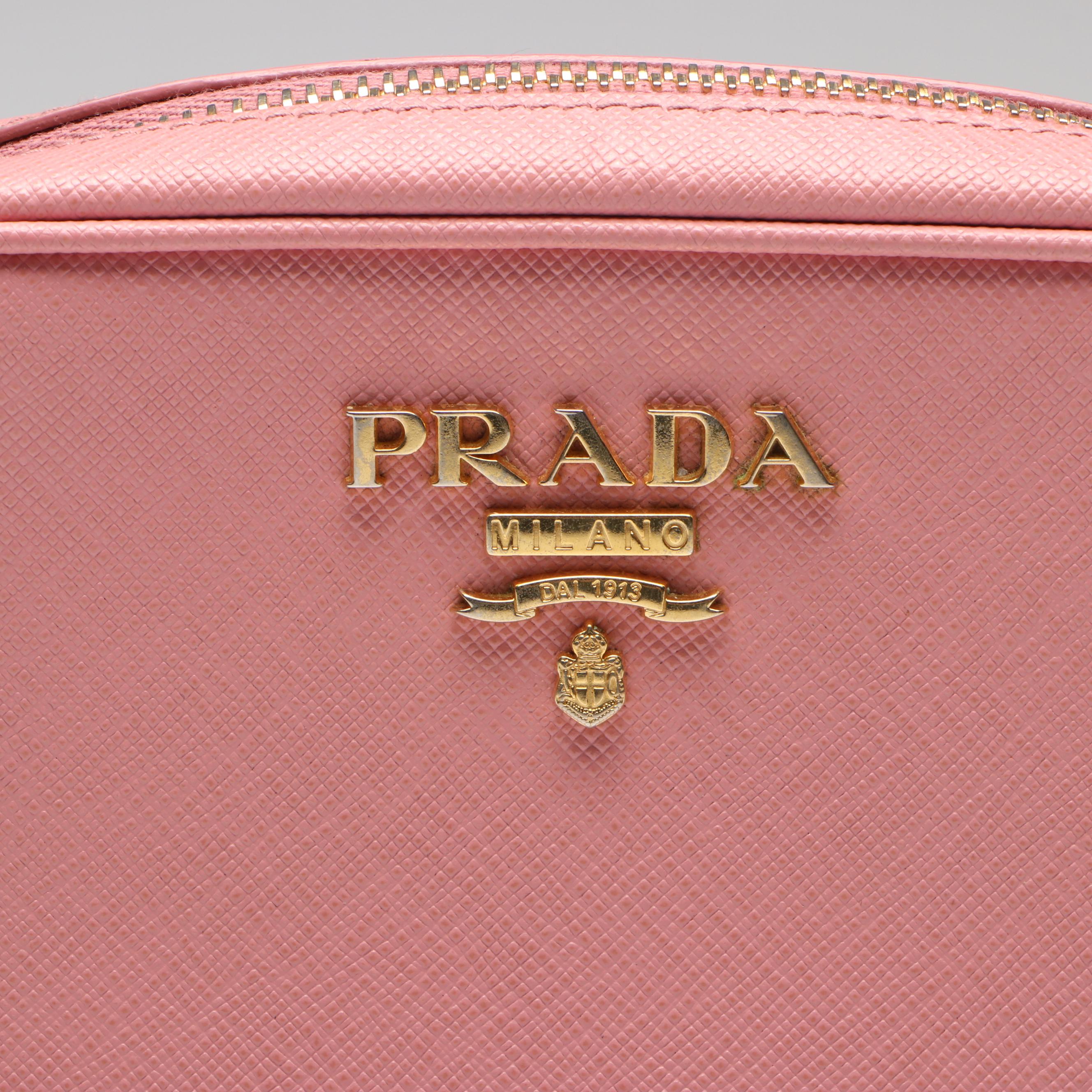 Prada Small Camera Crossbody Bag in Light Pink Saffiano Lux leather