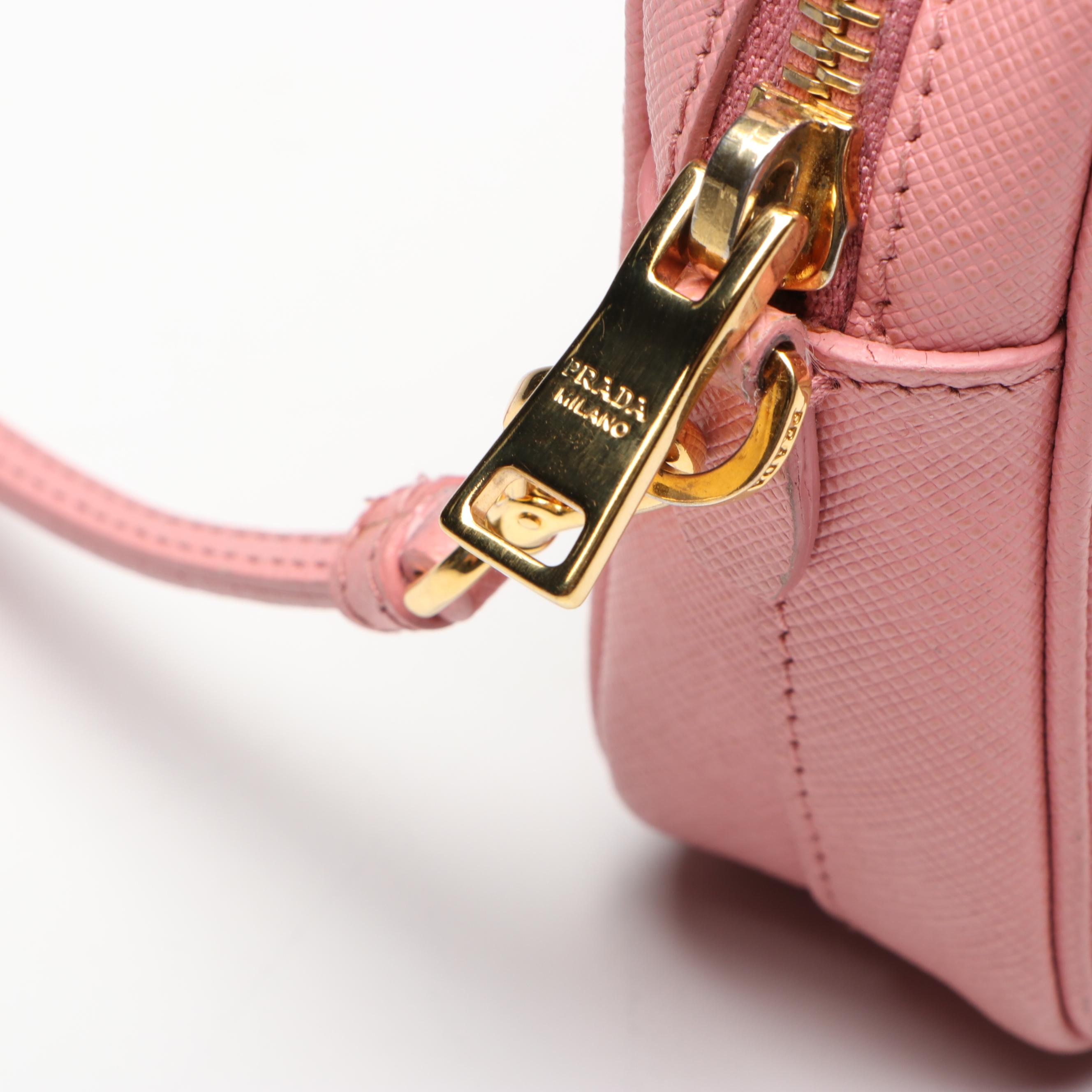 Prada Small Camera Crossbody Bag in Light Pink Saffiano Lux leather