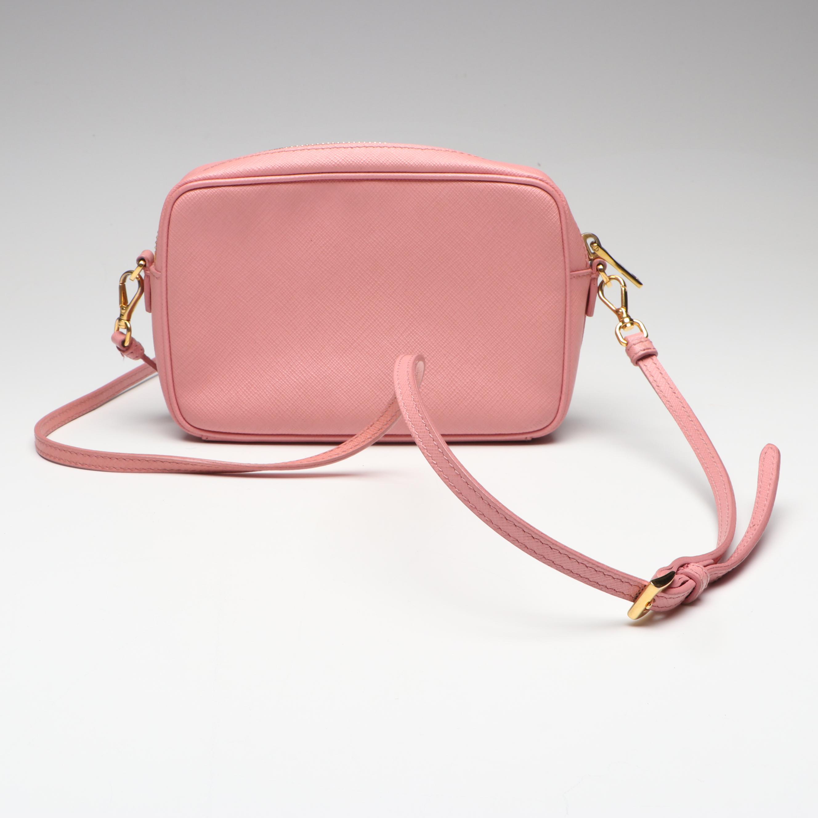 Prada Small Camera Crossbody Bag in Light Pink Saffiano Lux leather