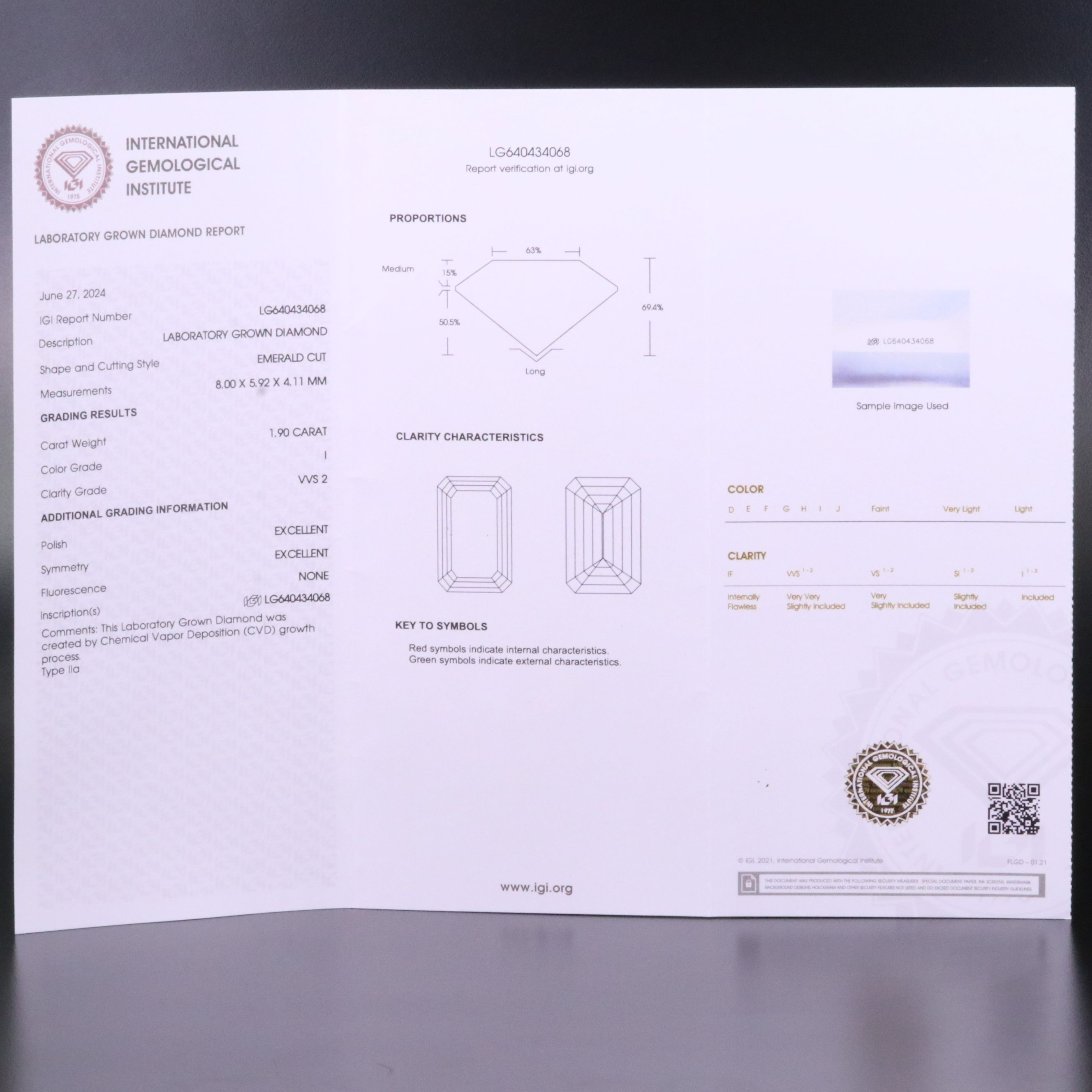 Loose 1.90 CT Lab Grown Diamond with IGI Report