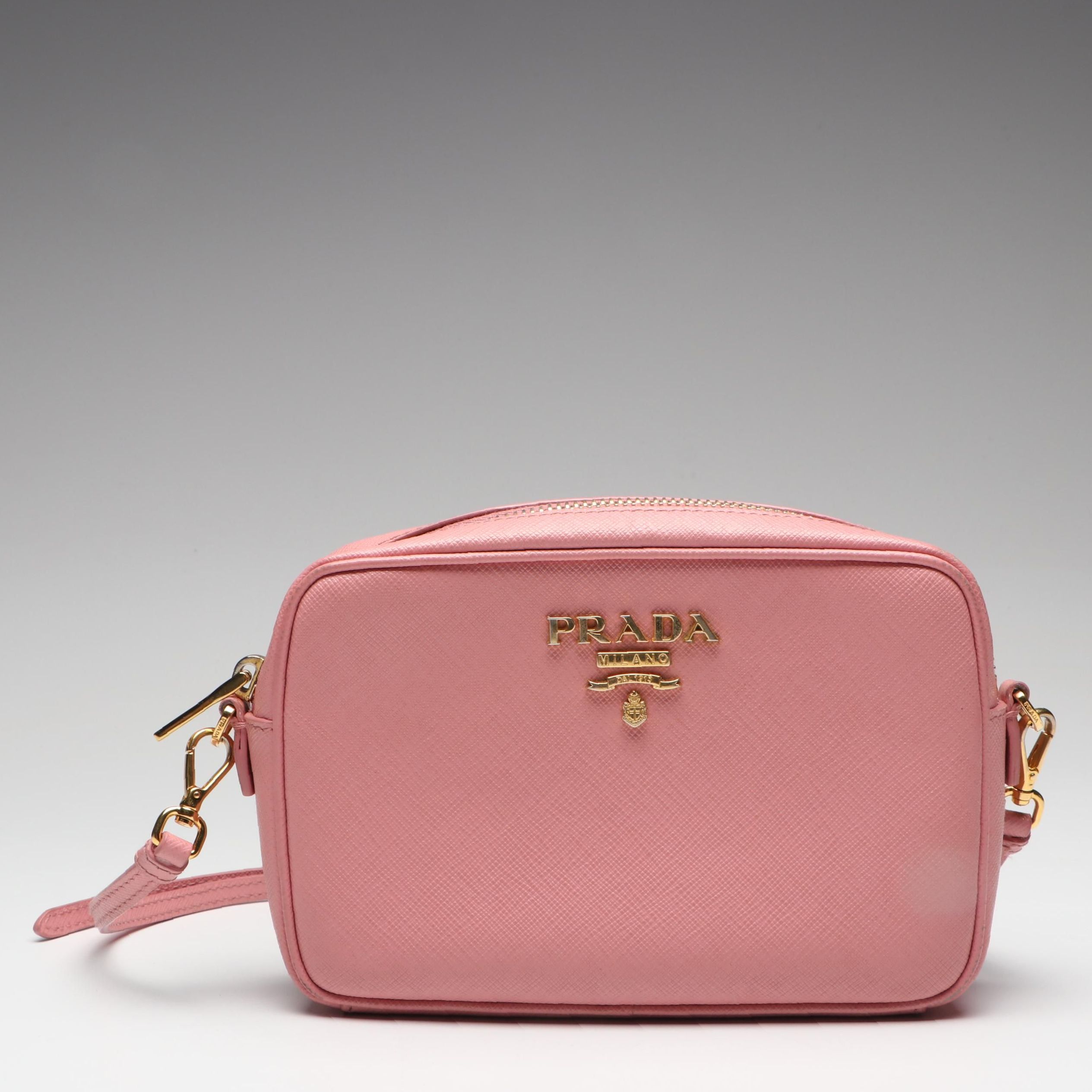 Prada Small Camera Crossbody Bag in Light Pink Saffiano Lux leather