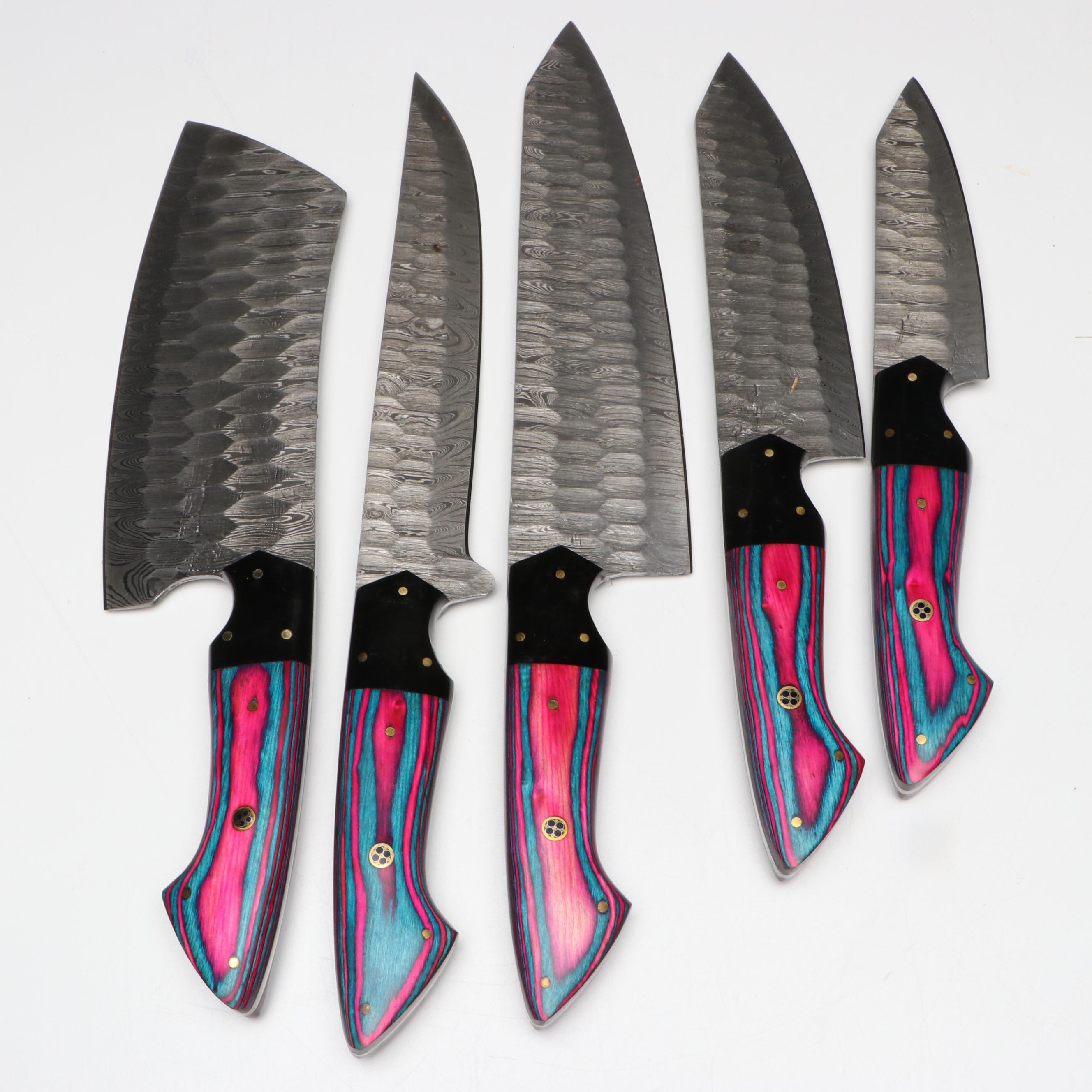 Damascus Steel and Two-Tone Handle Chef's Knife Set in Suede Leather Roll