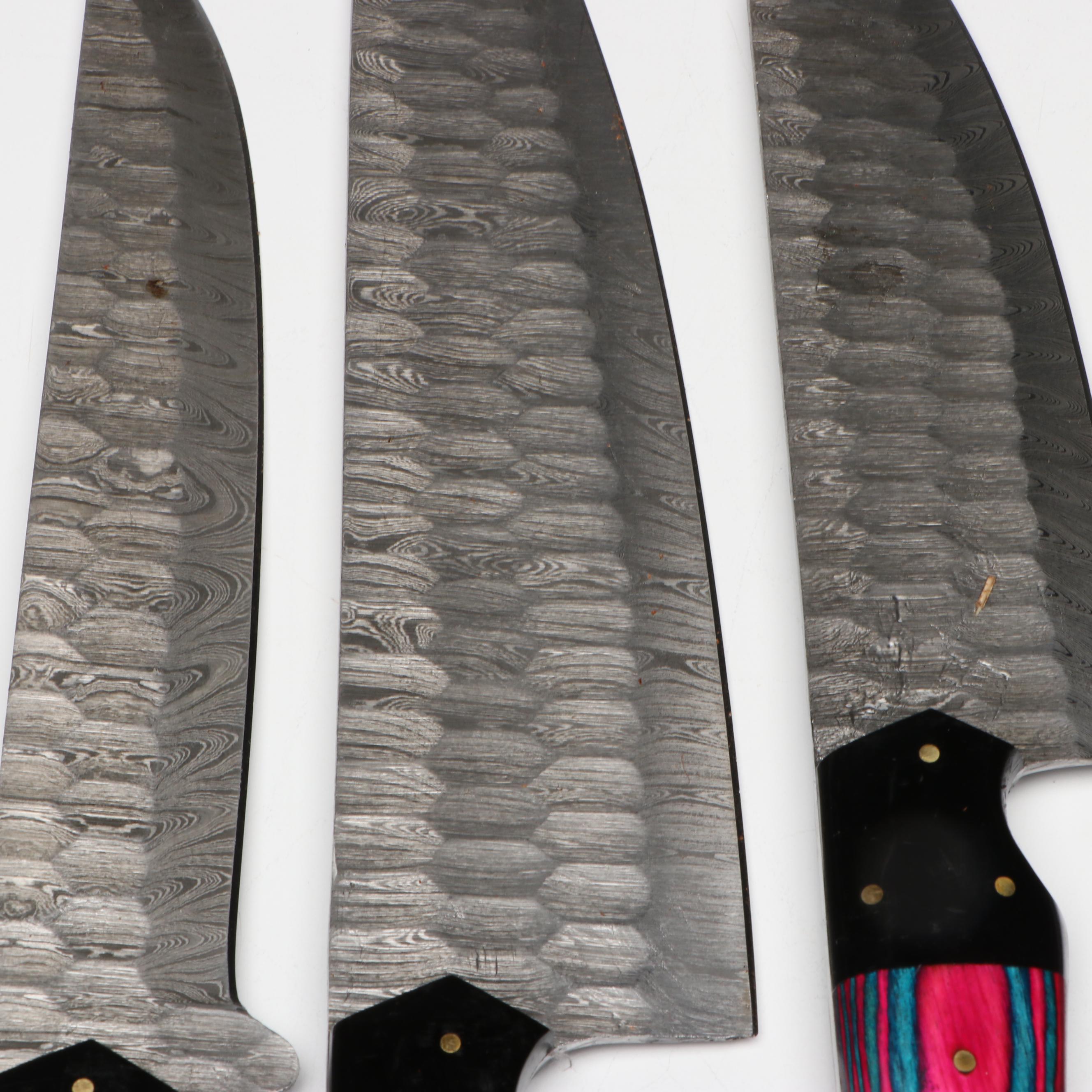 Damascus Steel and Two-Tone Handle Chef's Knife Set in Suede Leather Roll