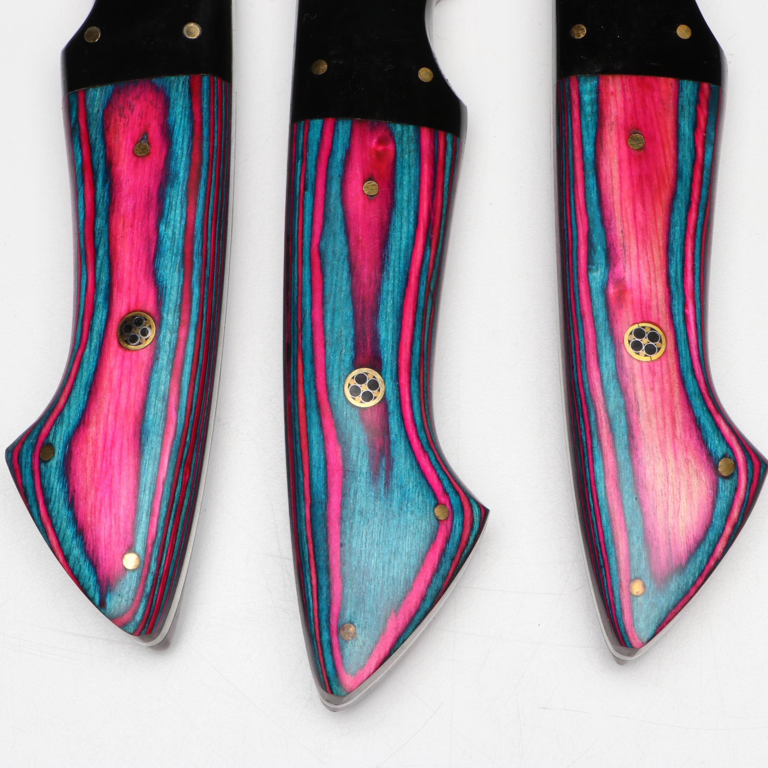 Damascus Steel and Two-Tone Handle Chef's Knife Set in Suede Leather Roll