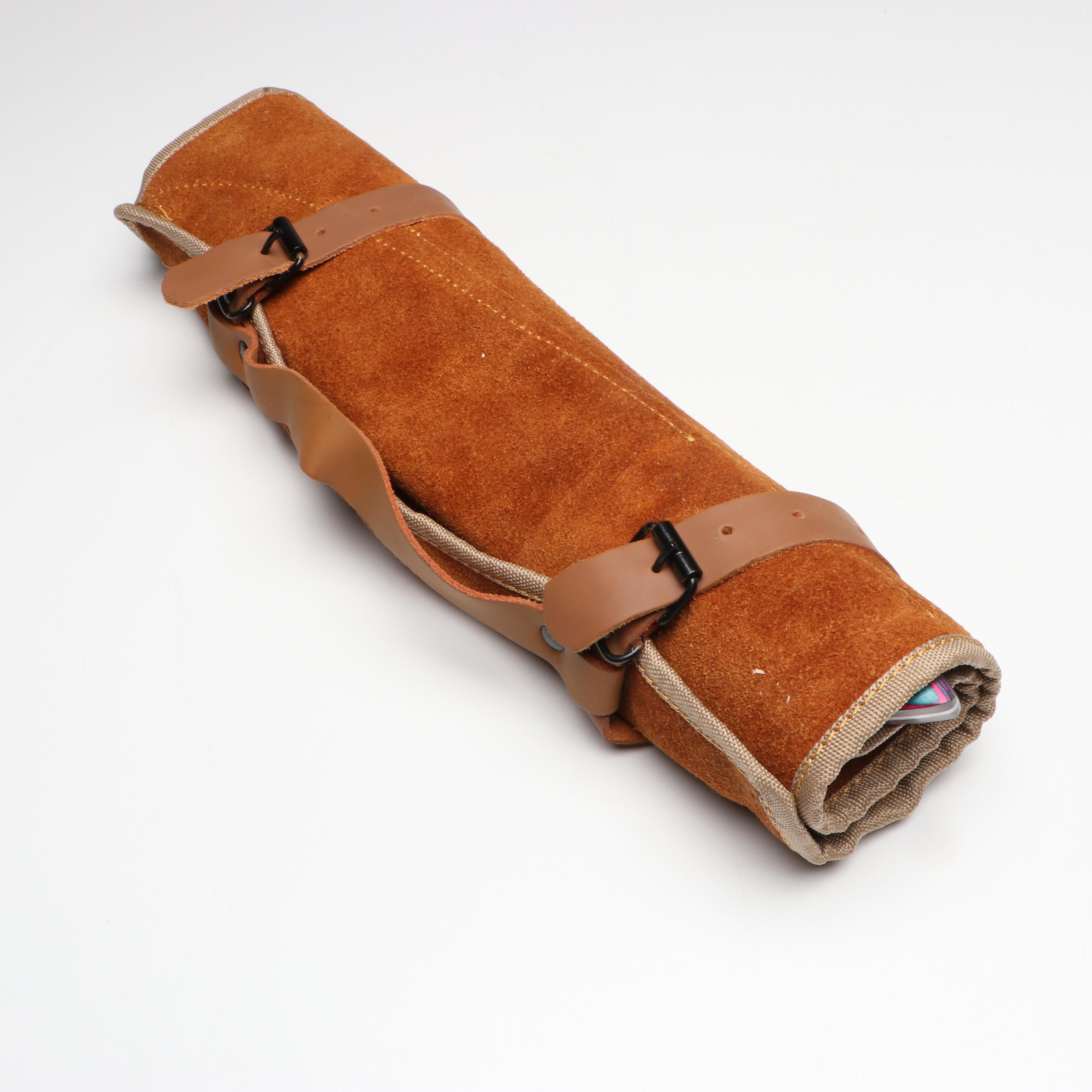 Damascus Steel and Two-Tone Handle Chef's Knife Set in Suede Leather Roll