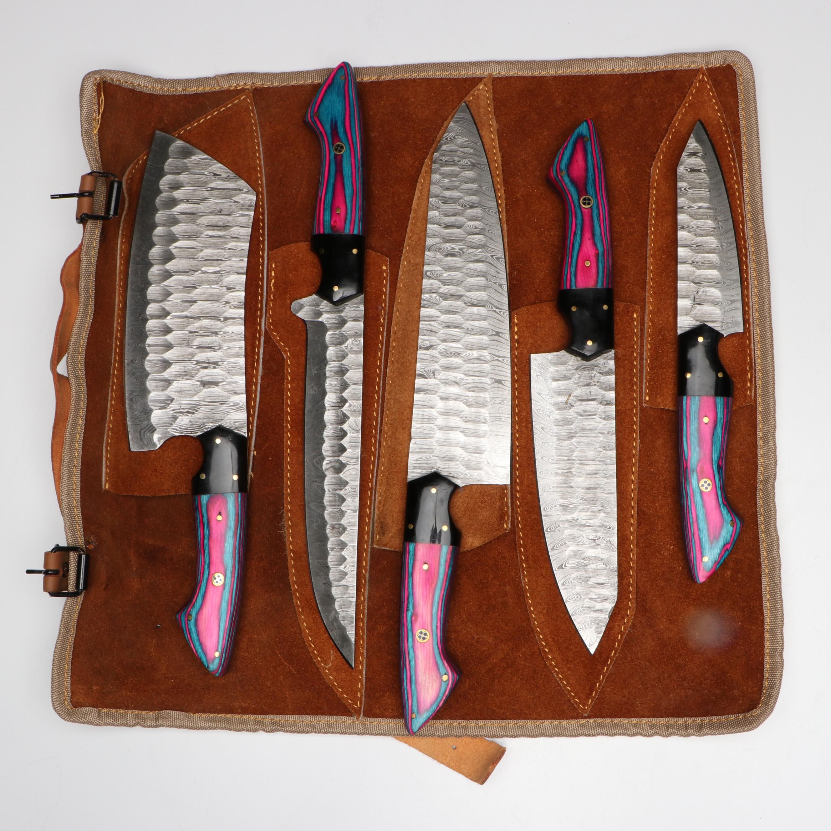 Damascus Steel and Two-Tone Handle Chef's Knife Set in Suede Leather Roll