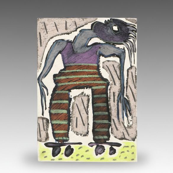Merle Rosen Stylized Mixed Media Drawing of Figure on Roller Skates, 1993