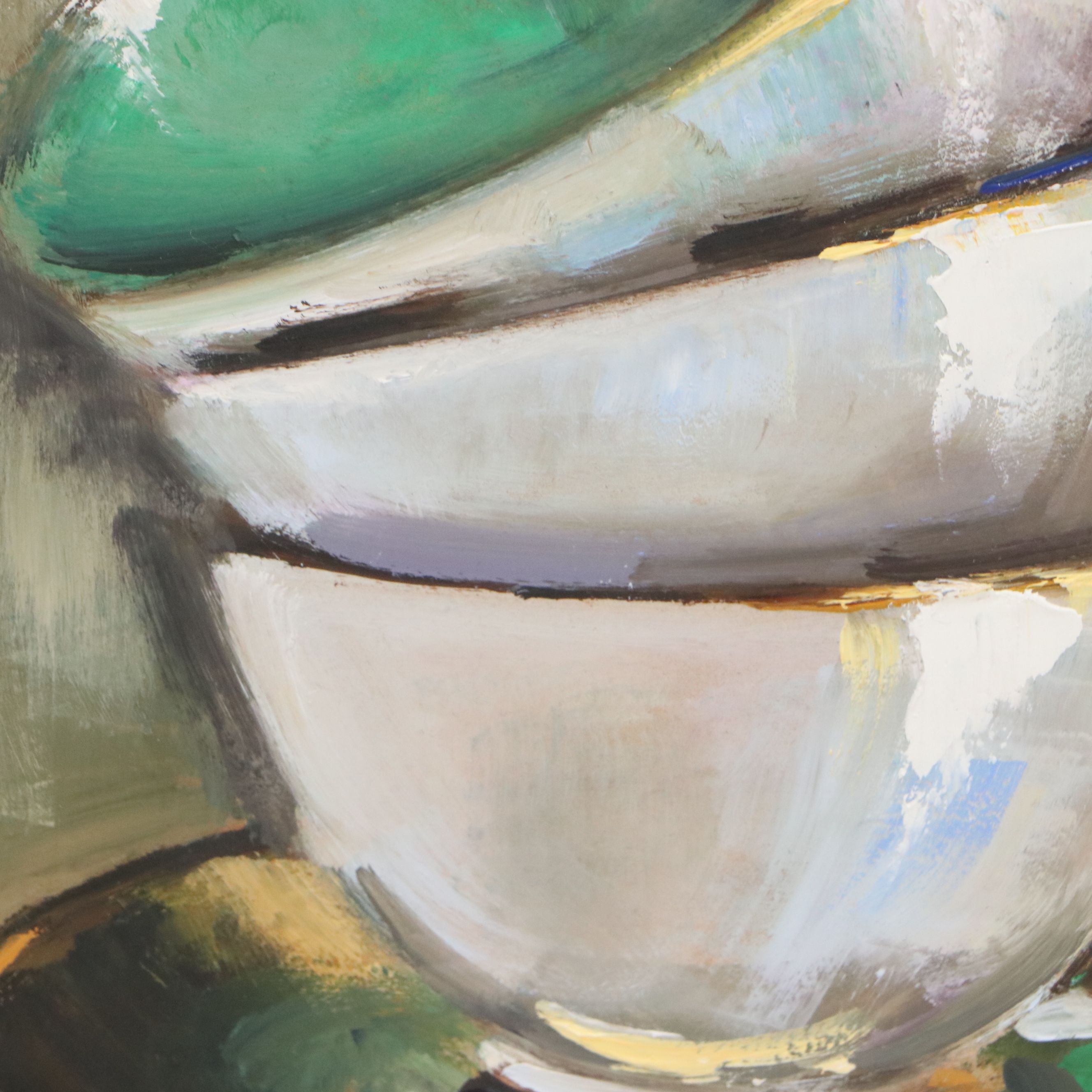 Natalia Demenko Oil Painting of Stacked Teacups, 21st Century