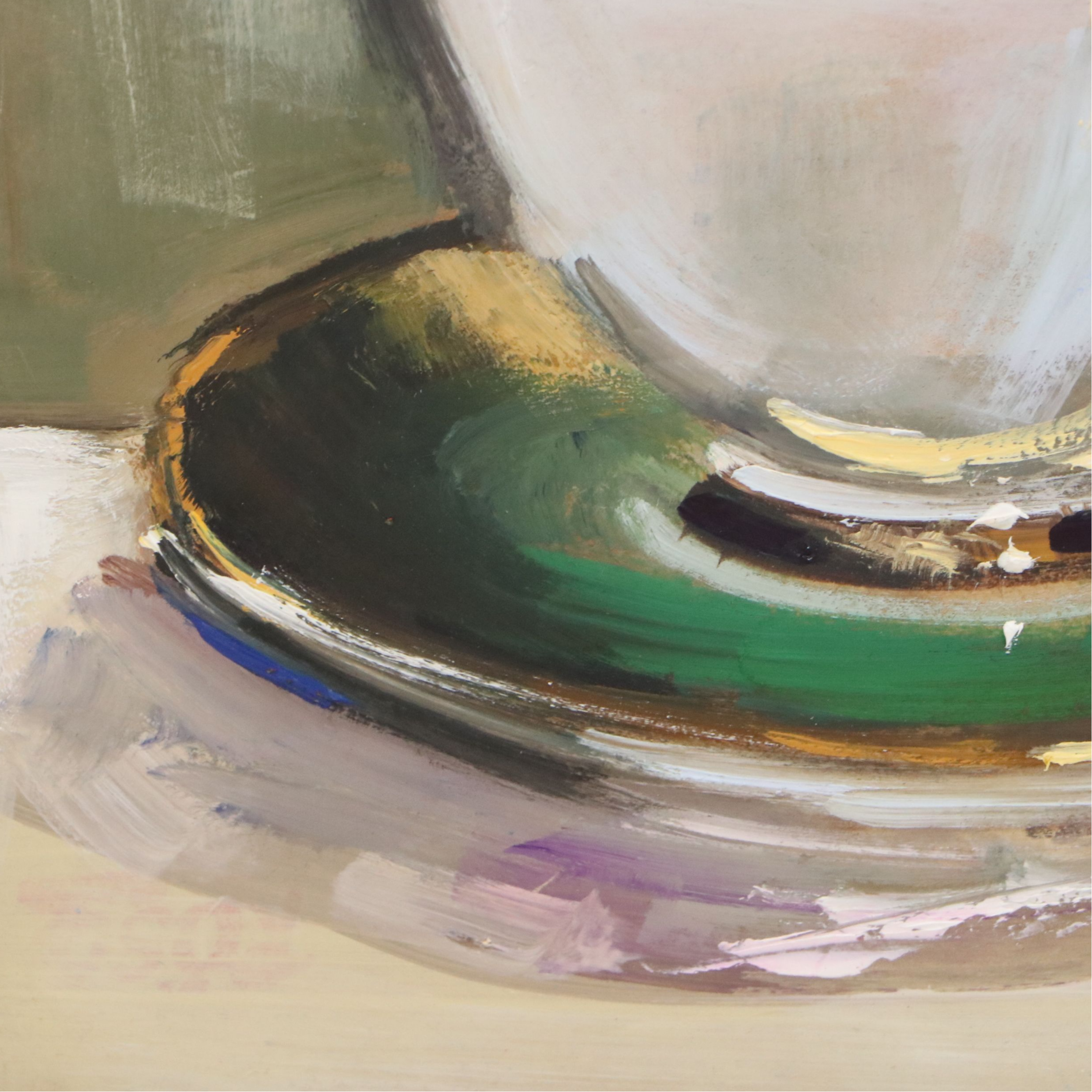 Natalia Demenko Oil Painting of Stacked Teacups, 21st Century