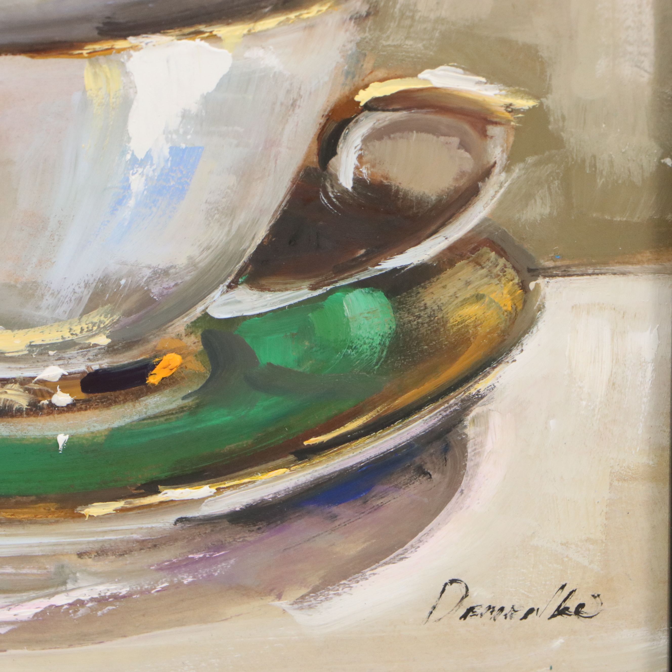 Natalia Demenko Oil Painting of Stacked Teacups, 21st Century