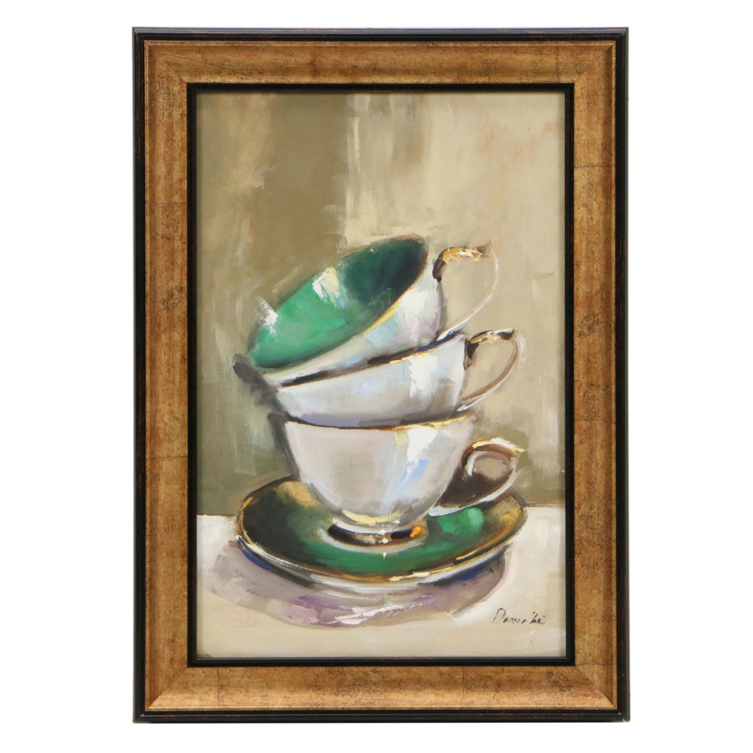 Natalia Demenko Oil Painting of Stacked Teacups, 21st Century