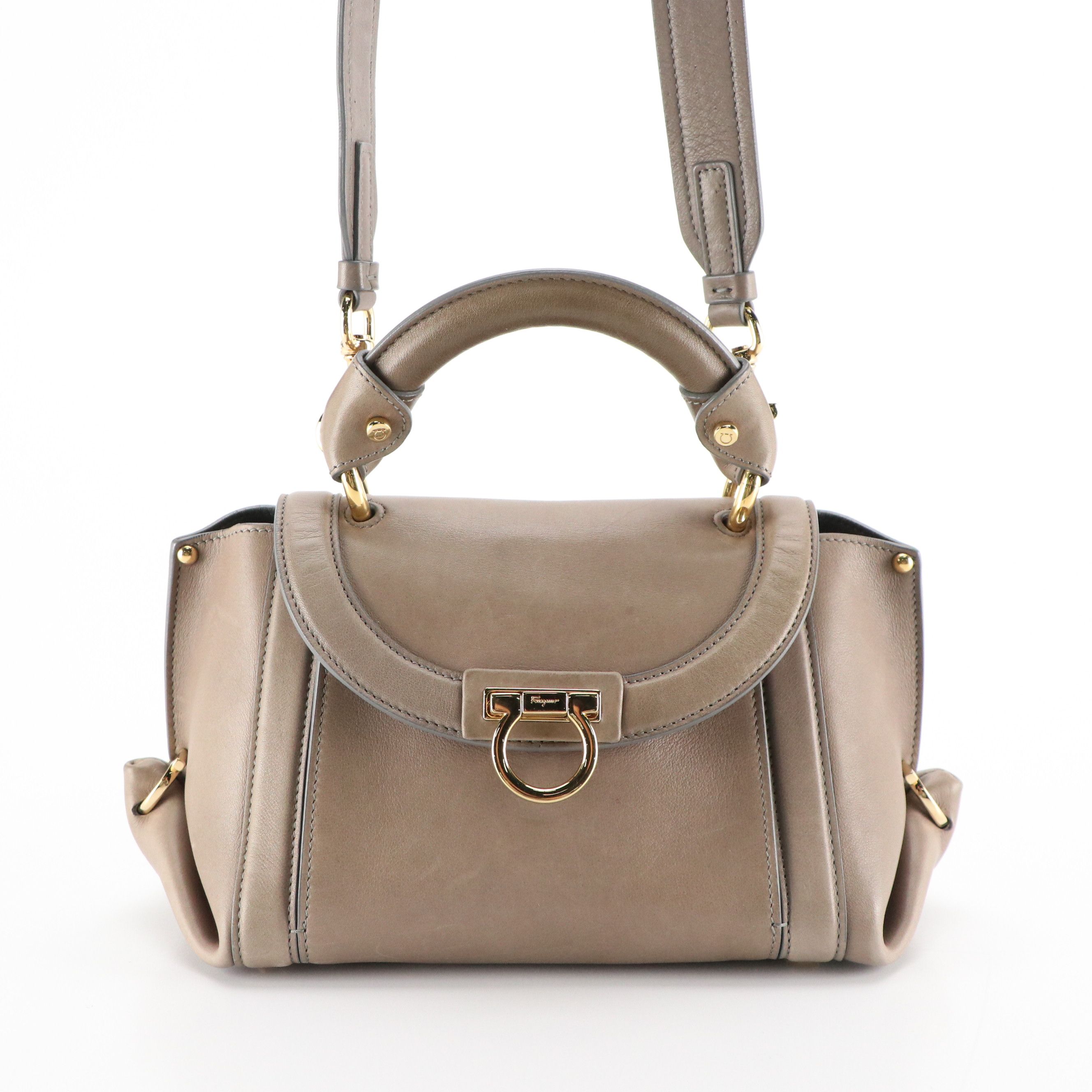 Salvatore Ferragamo Small Sofia Two-Way Satchel in Taupe Calfskin Leather
