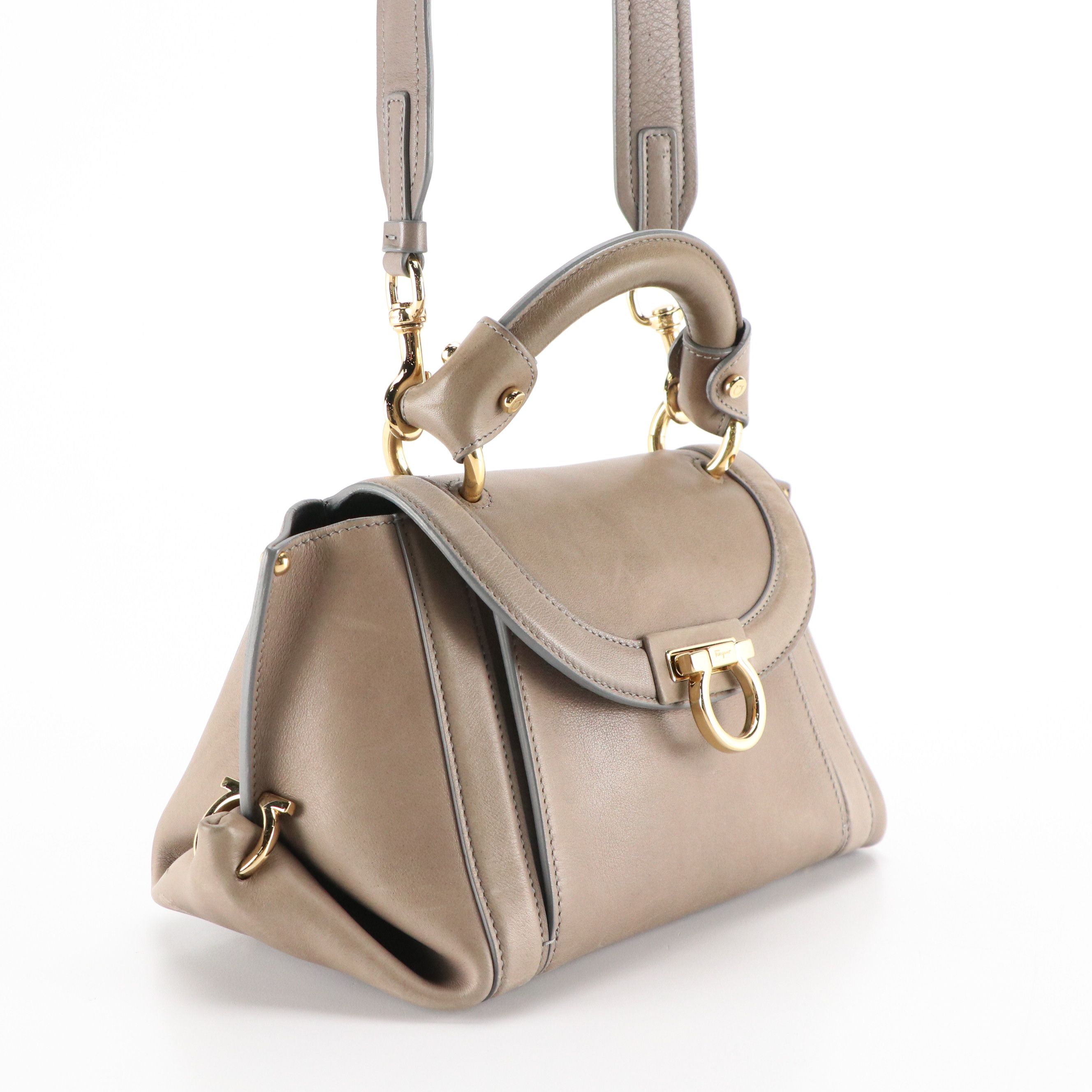 Salvatore Ferragamo Small Sofia Two-Way Satchel in Taupe Calfskin Leather