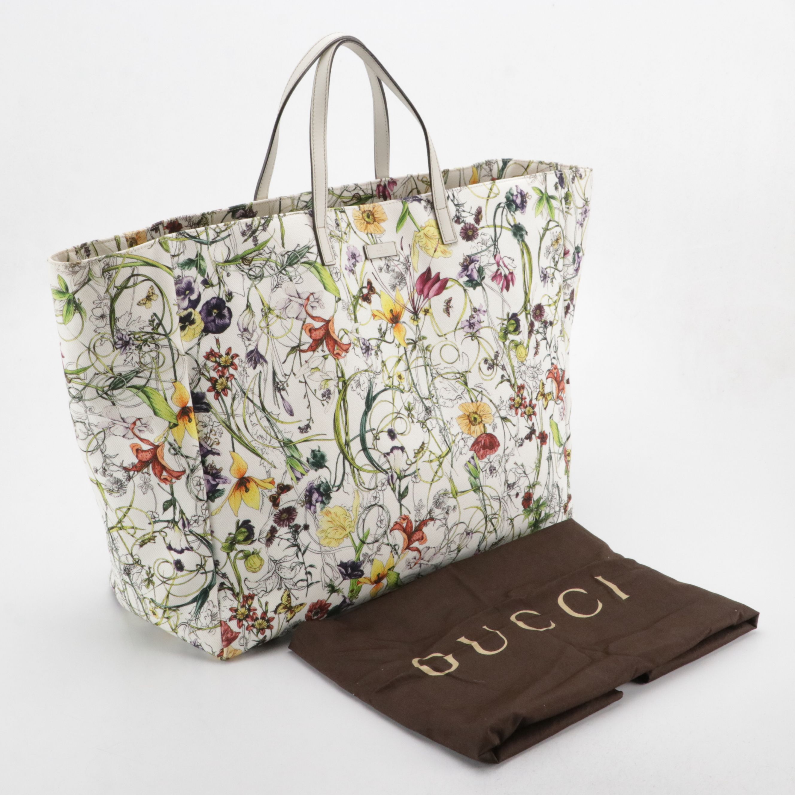 Gucci Flora Large Canvas Tote with Leather Trim
