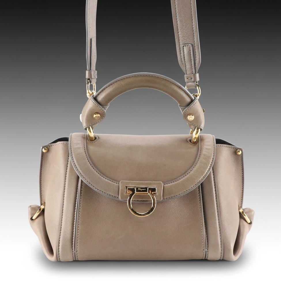 Salvatore Ferragamo Small Sofia Two-Way Satchel in Taupe Calfskin Leather