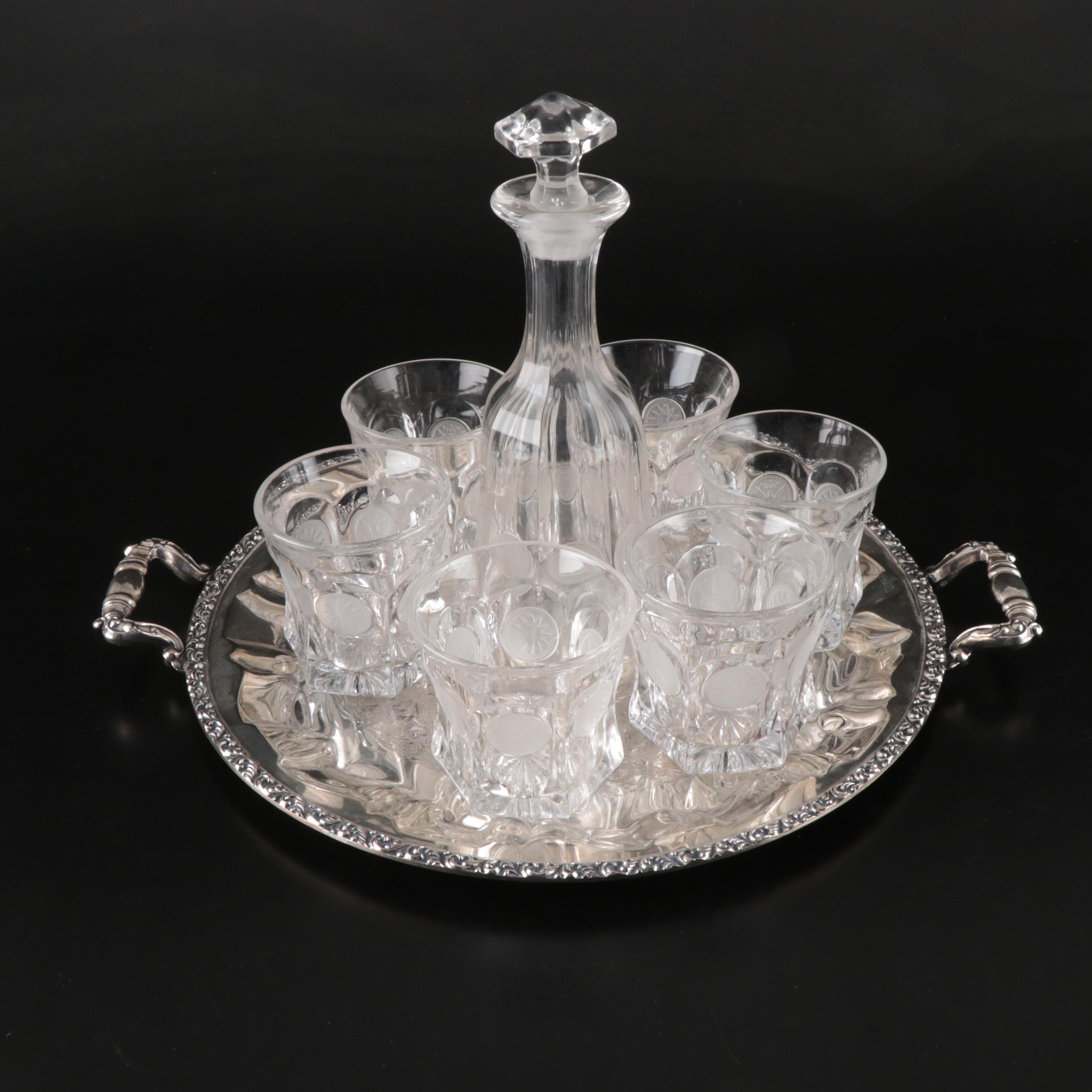 Fostoria "Coin" Decanter and Old Fashioned Glasses with Silver Plate Tray