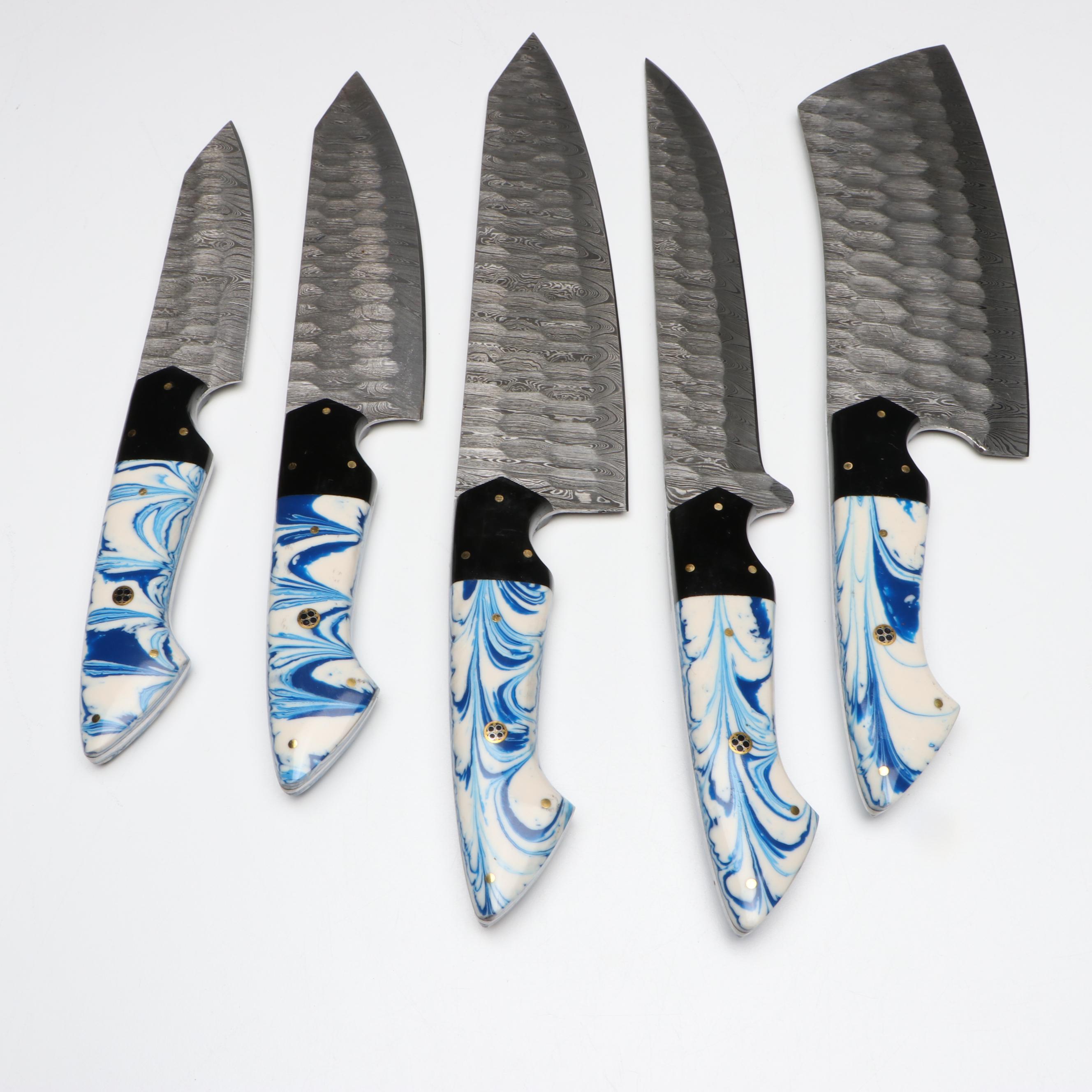 Damascus Steel and Marbled Handle Chef's Knife Set in Suede Leather Roll