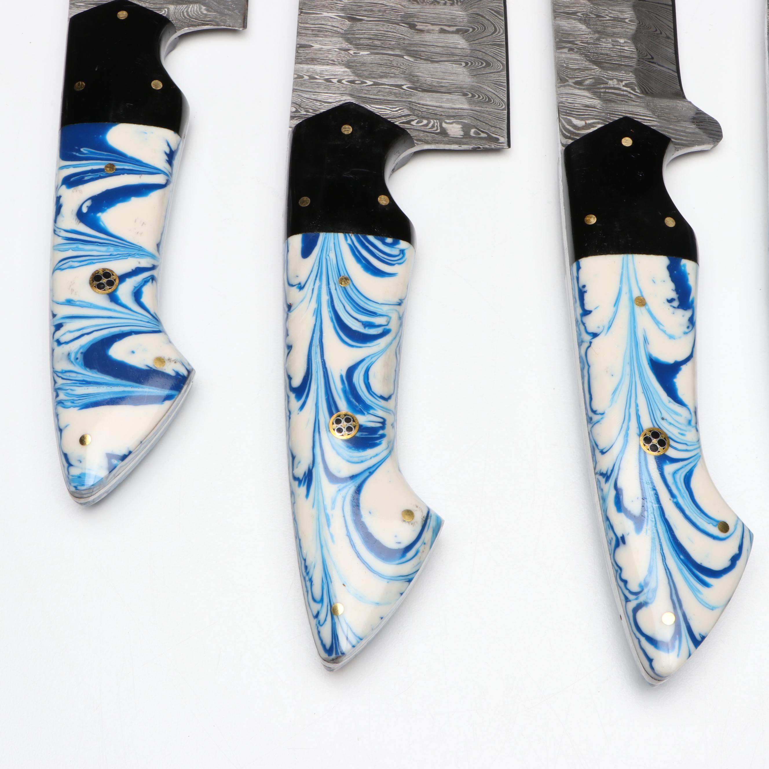 Damascus Steel and Marbled Handle Chef's Knife Set in Suede Leather Roll