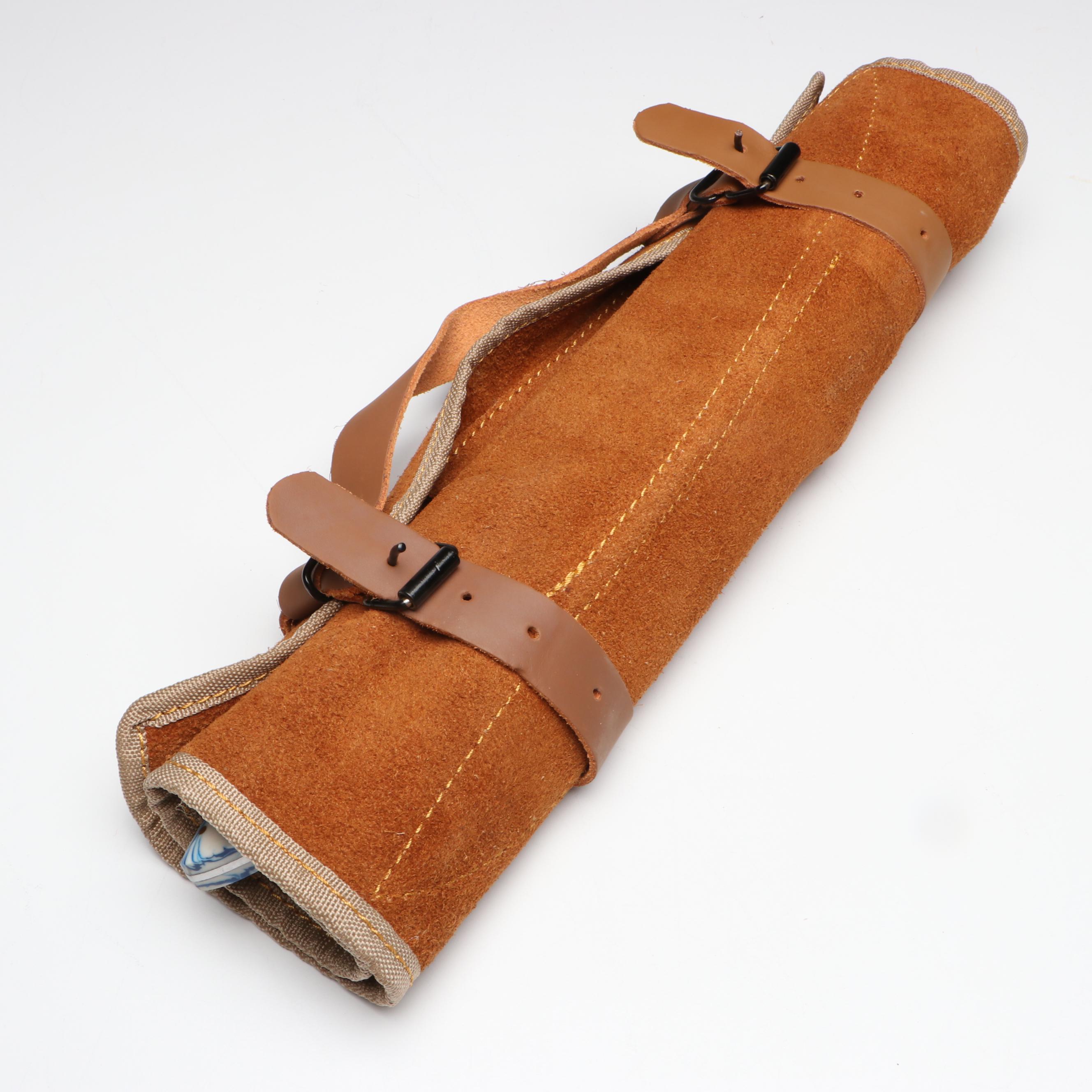 Damascus Steel and Marbled Handle Chef's Knife Set in Suede Leather Roll