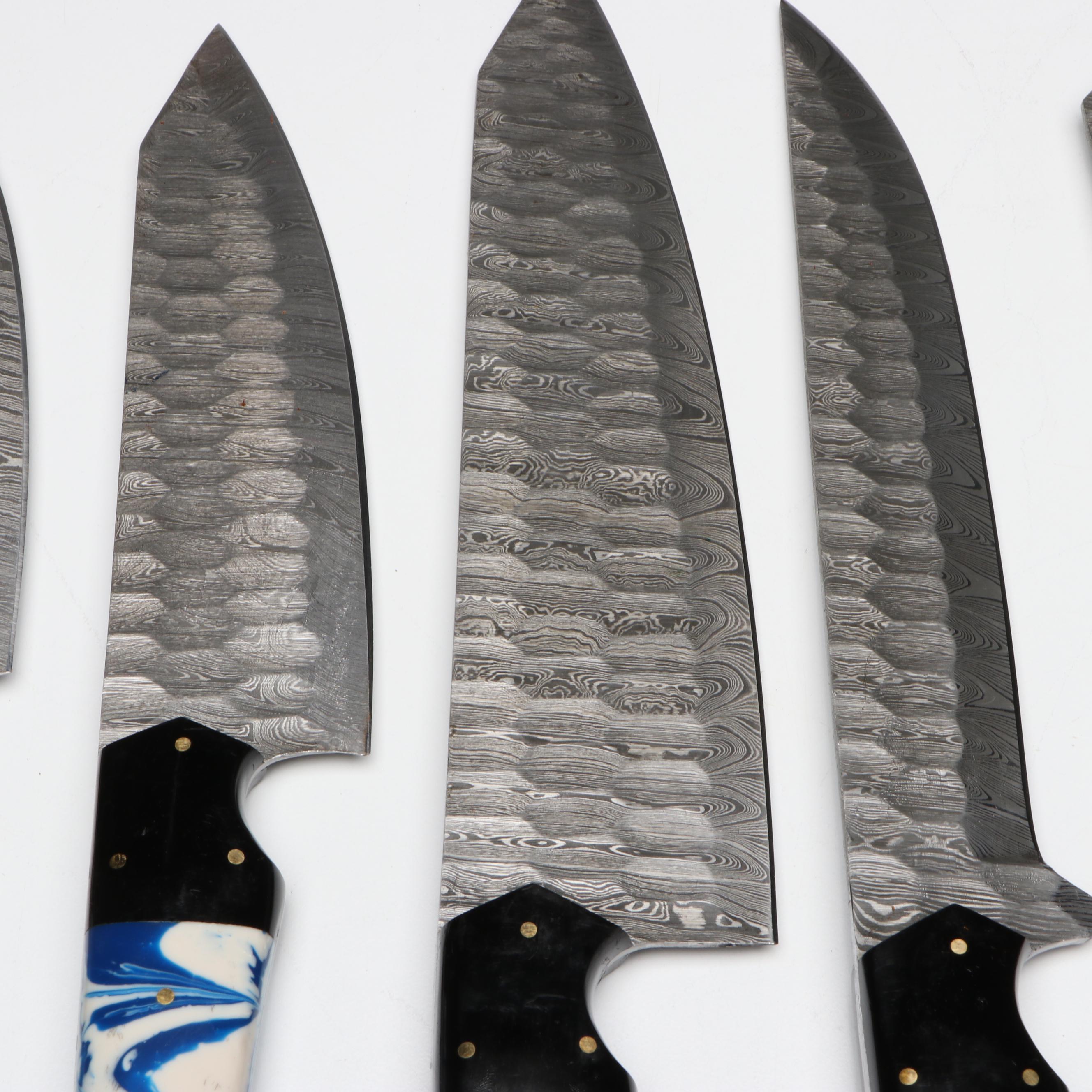 Damascus Steel and Marbled Handle Chef's Knife Set in Suede Leather Roll