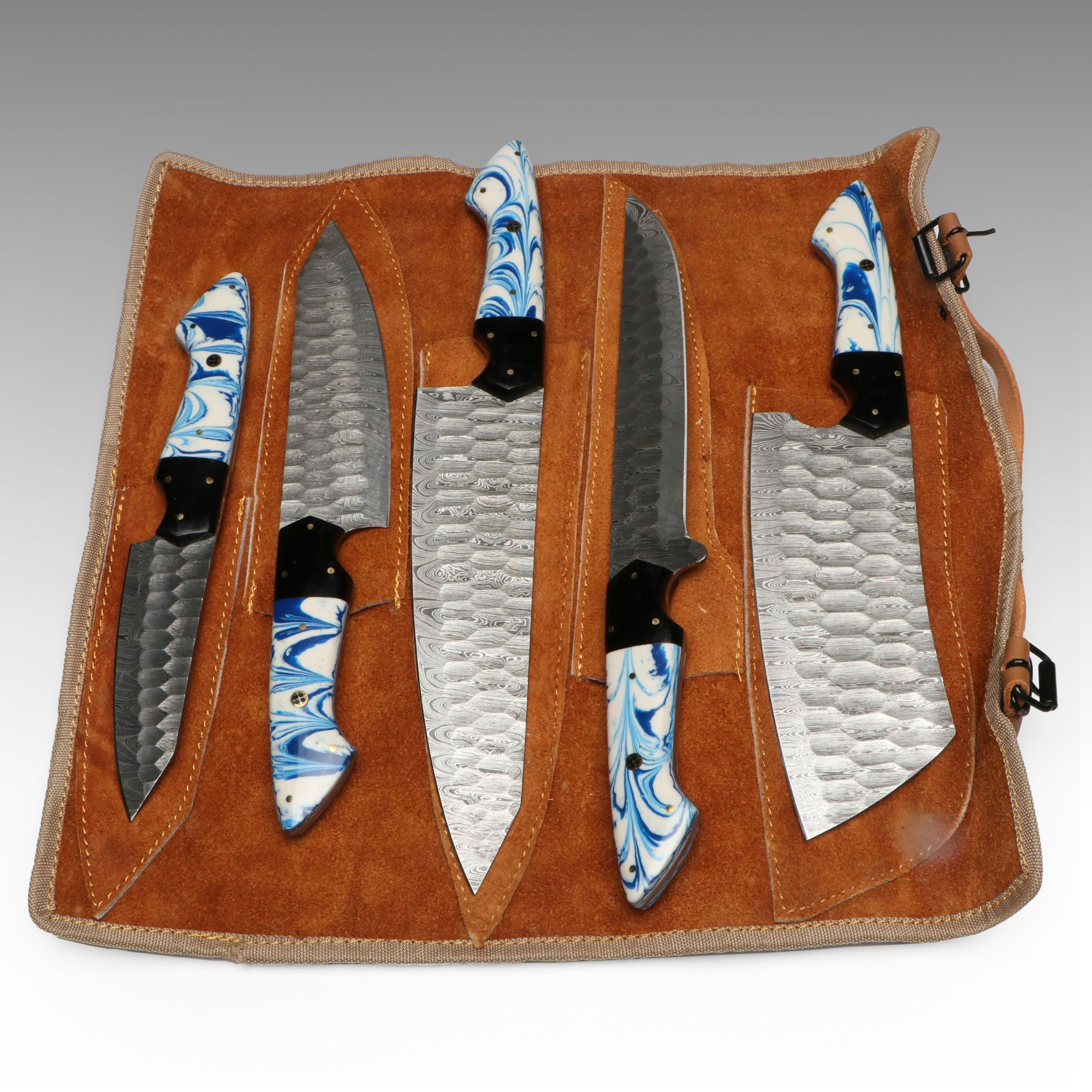 Damascus Steel and Marbled Handle Chef's Knife Set in Suede Leather Roll