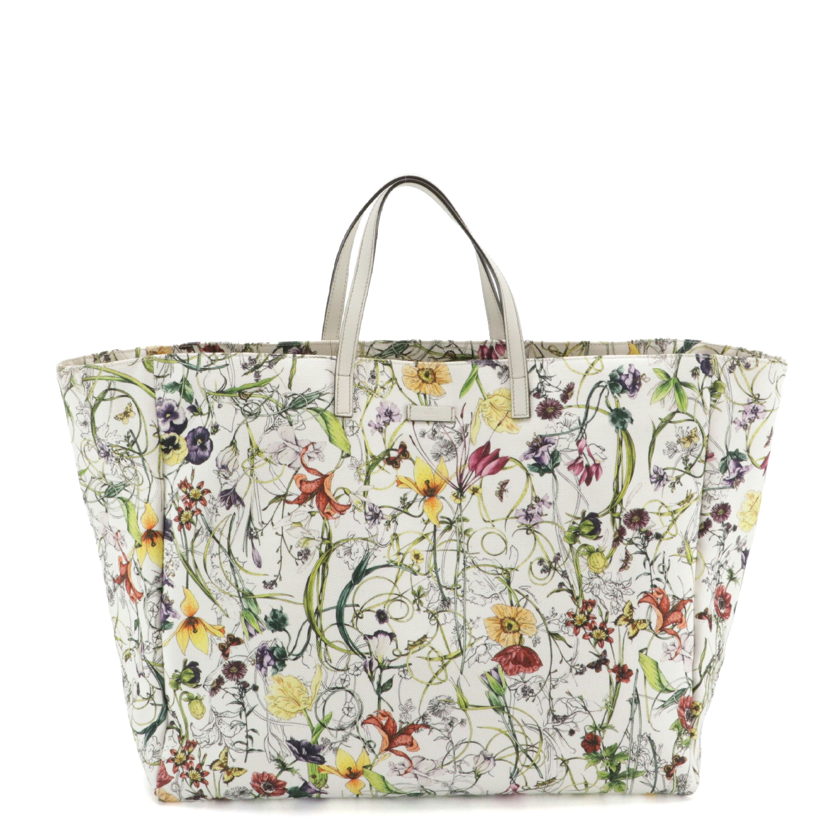 Gucci Flora Large Canvas Tote with Leather Trim