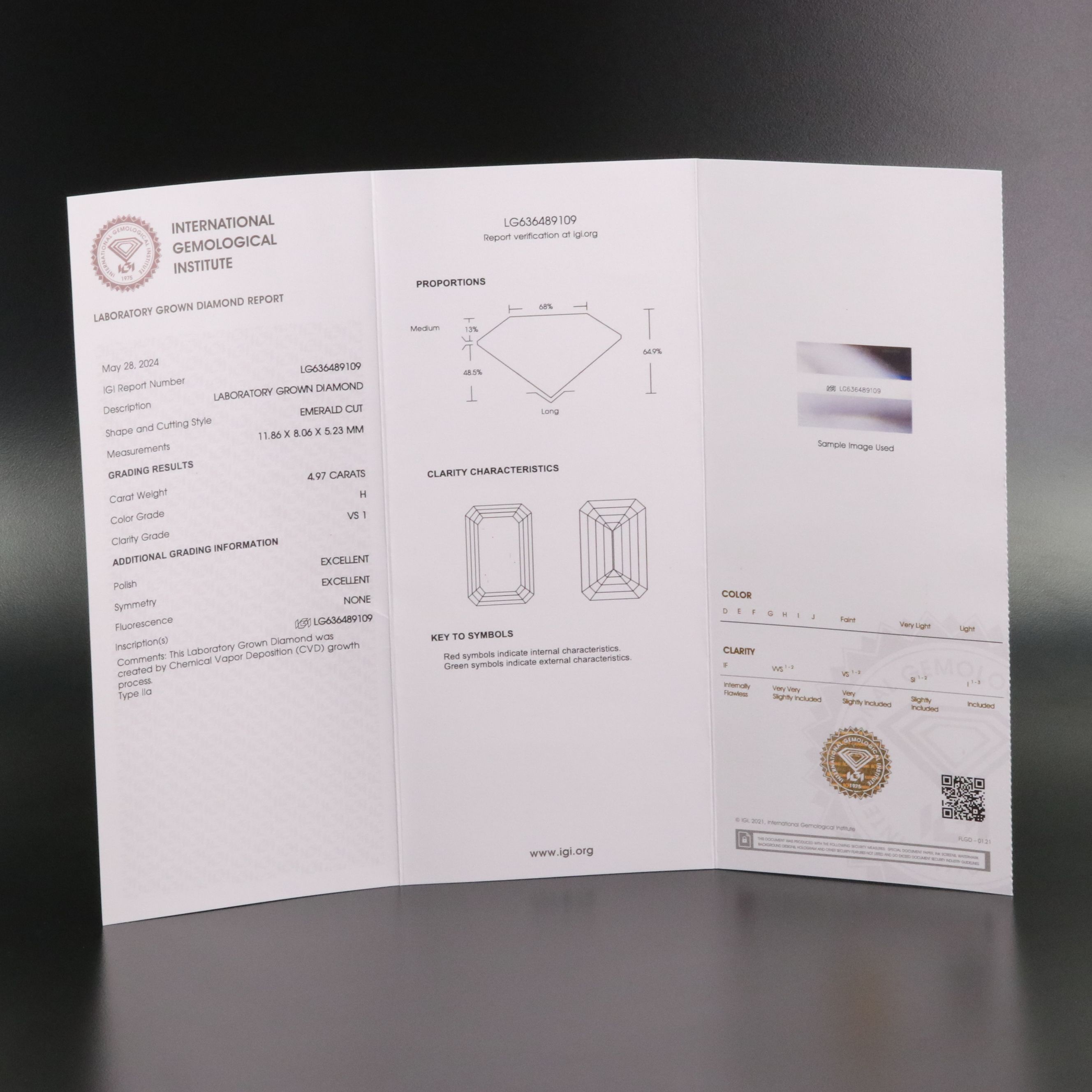 Loose 4.97 CT Lab Grown Diamond with IGI Report