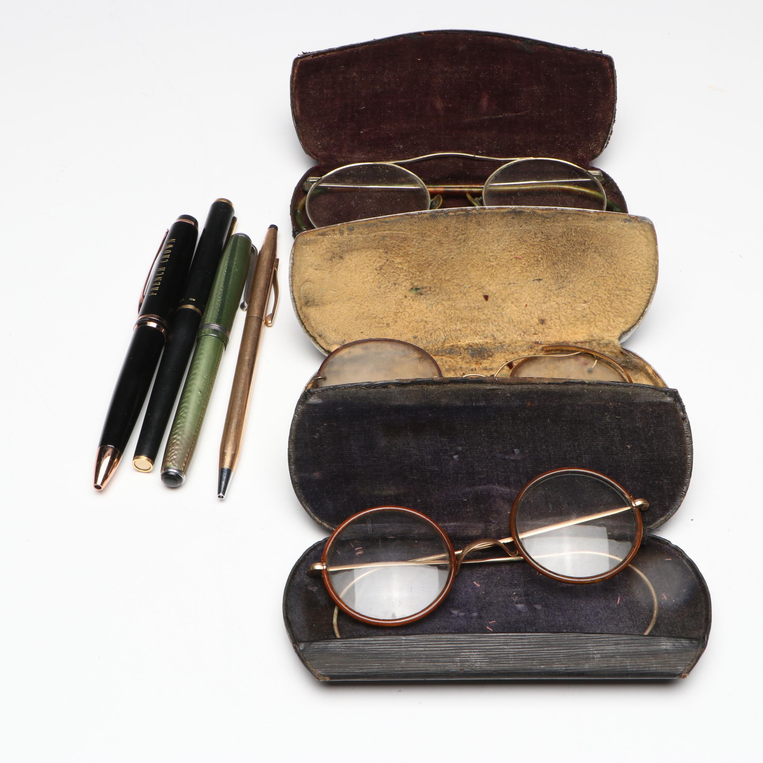 Cross Classic Century 14K Gold and Other Pens with Vintage Spectacles in Cases