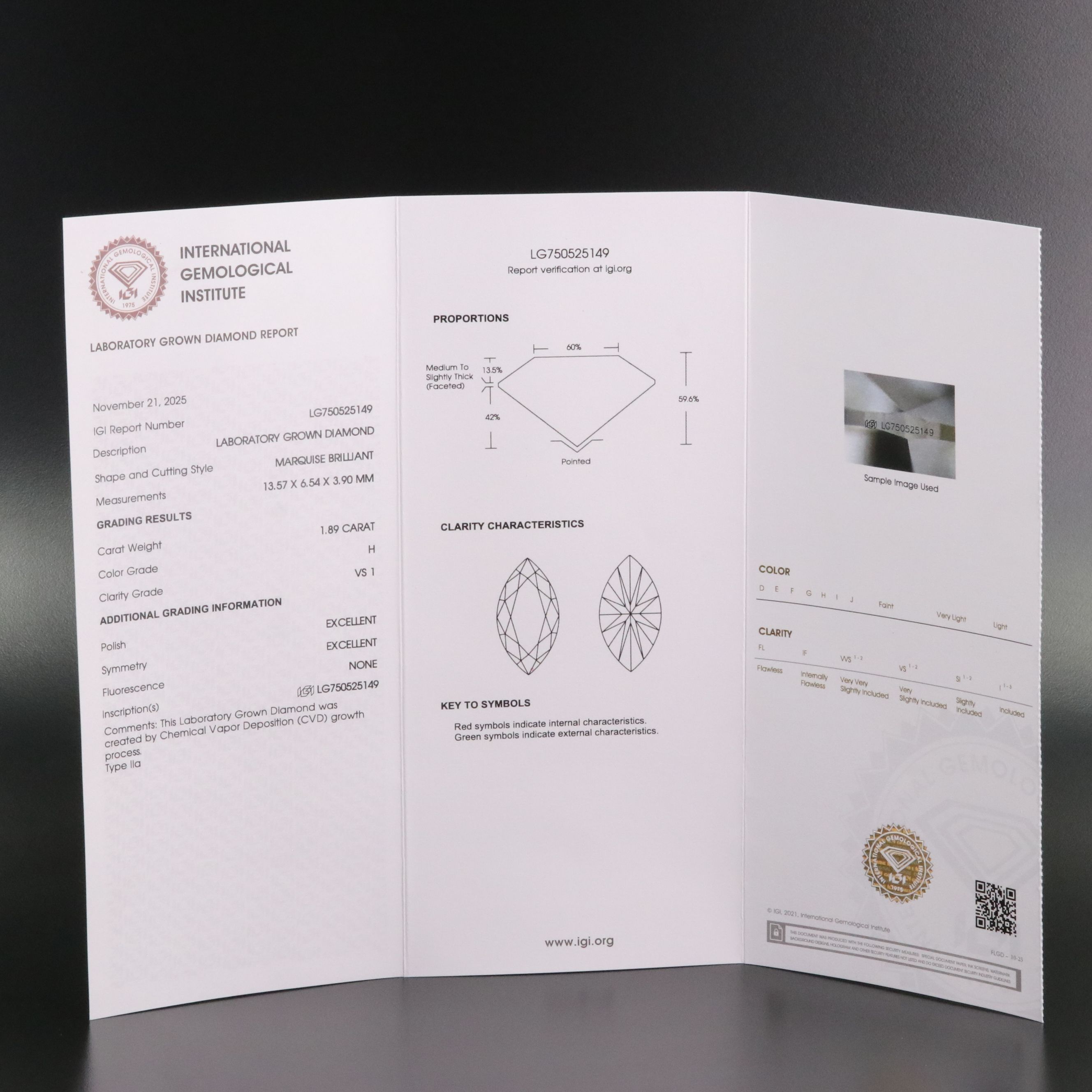Loose 1.89 CT Lab Grown Diamond with IGI Report